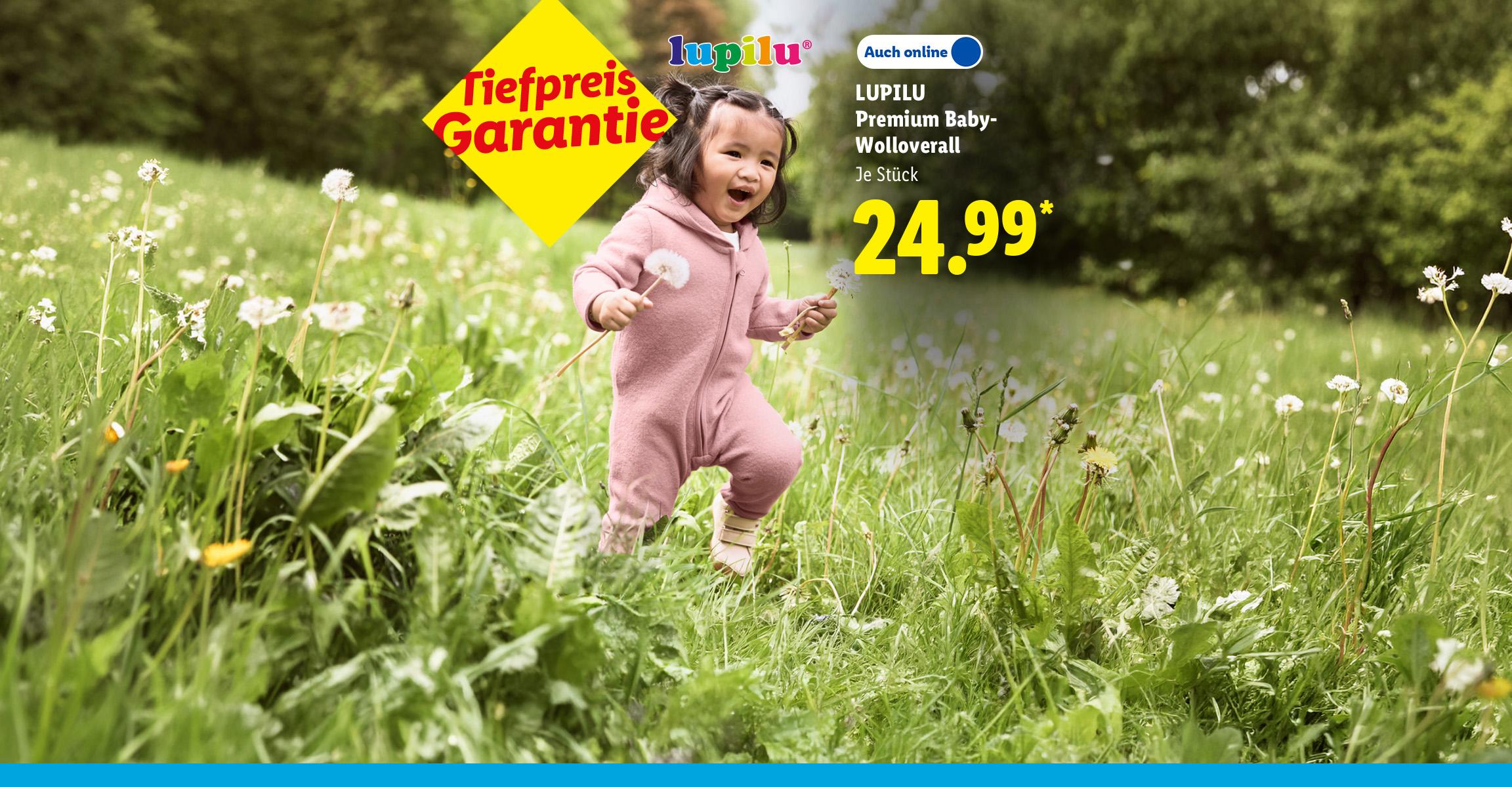 KI-generiert: Tiefpreis Garantie: LUPILU Premium Baby-Wolloverall, je Stück, Auch online für 24.99 €*. AI-generated.