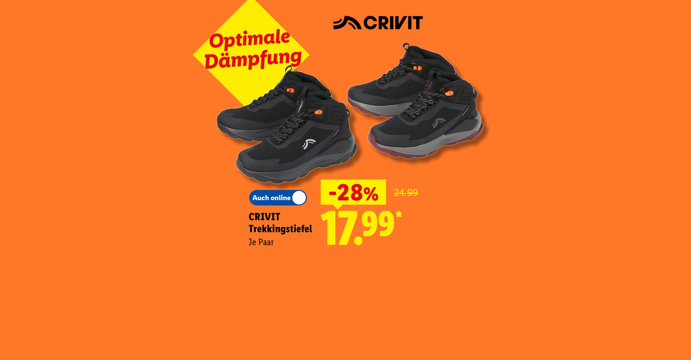 Optimale Dämpfung: CRIVIT Trekkingstiefel, je Paar 28% günstiger, Auch online für 17.99 €*.