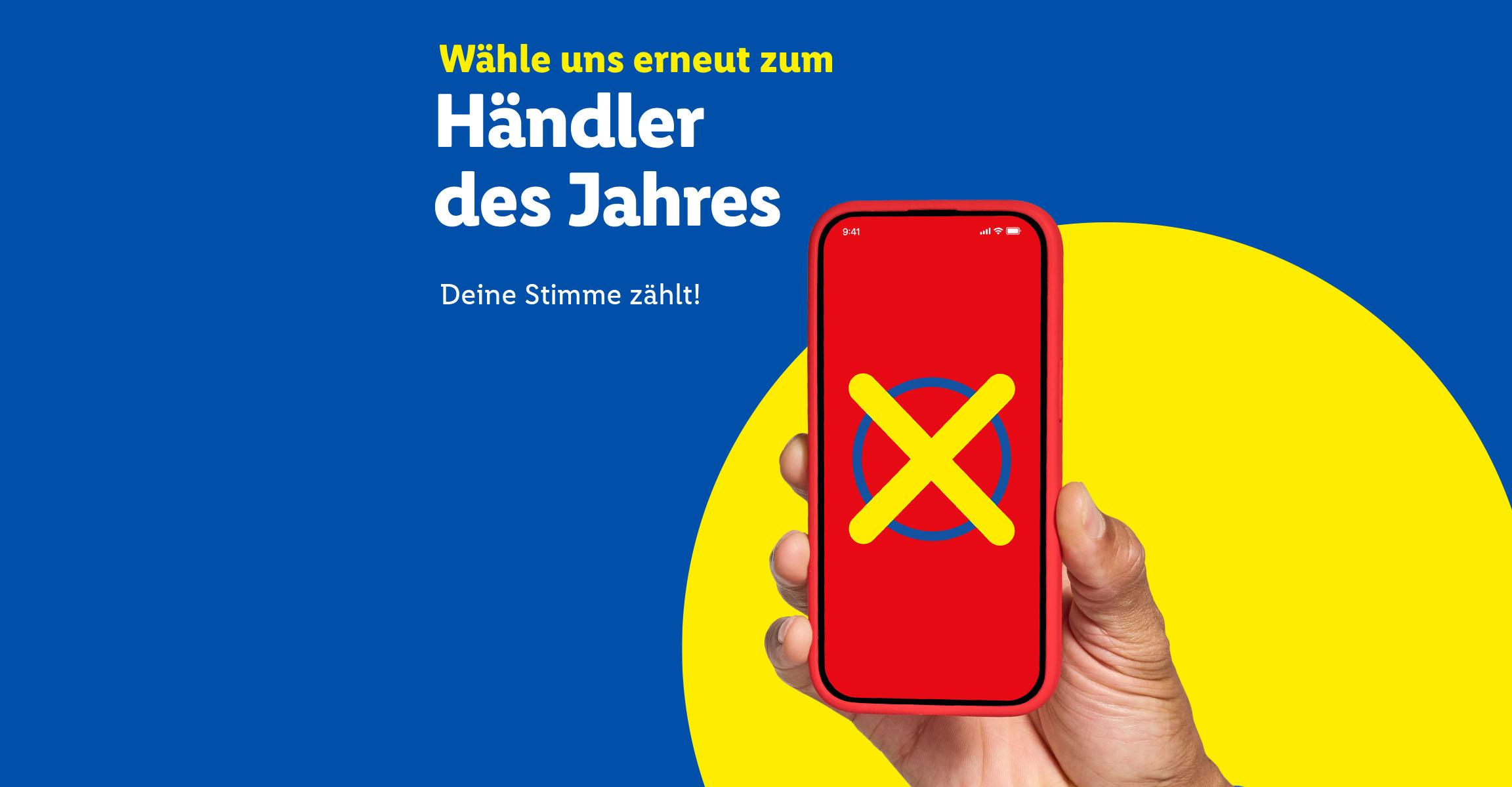 Wähle uns erneut zum Händler des Jahres: Deine Stimme zählt! Hand hält Smartphone mit X-Symbol.