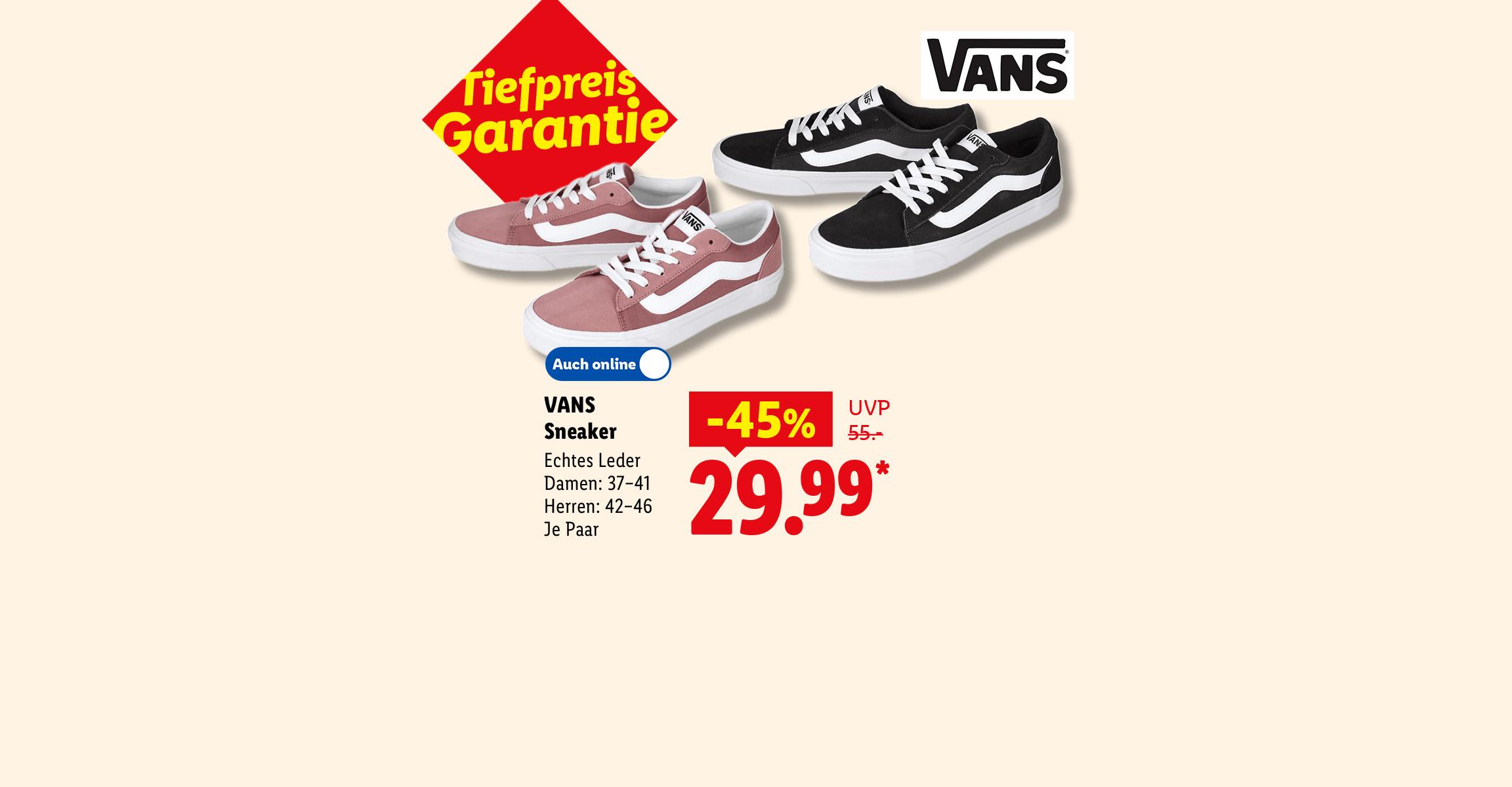 VANS Sneaker, Echtes Leder, Tiefpreis Garantie, Damen: 37–41, Herren: 42–46, je Paar -45% für 29.99 €*, in der Filiale und online erhältlich.