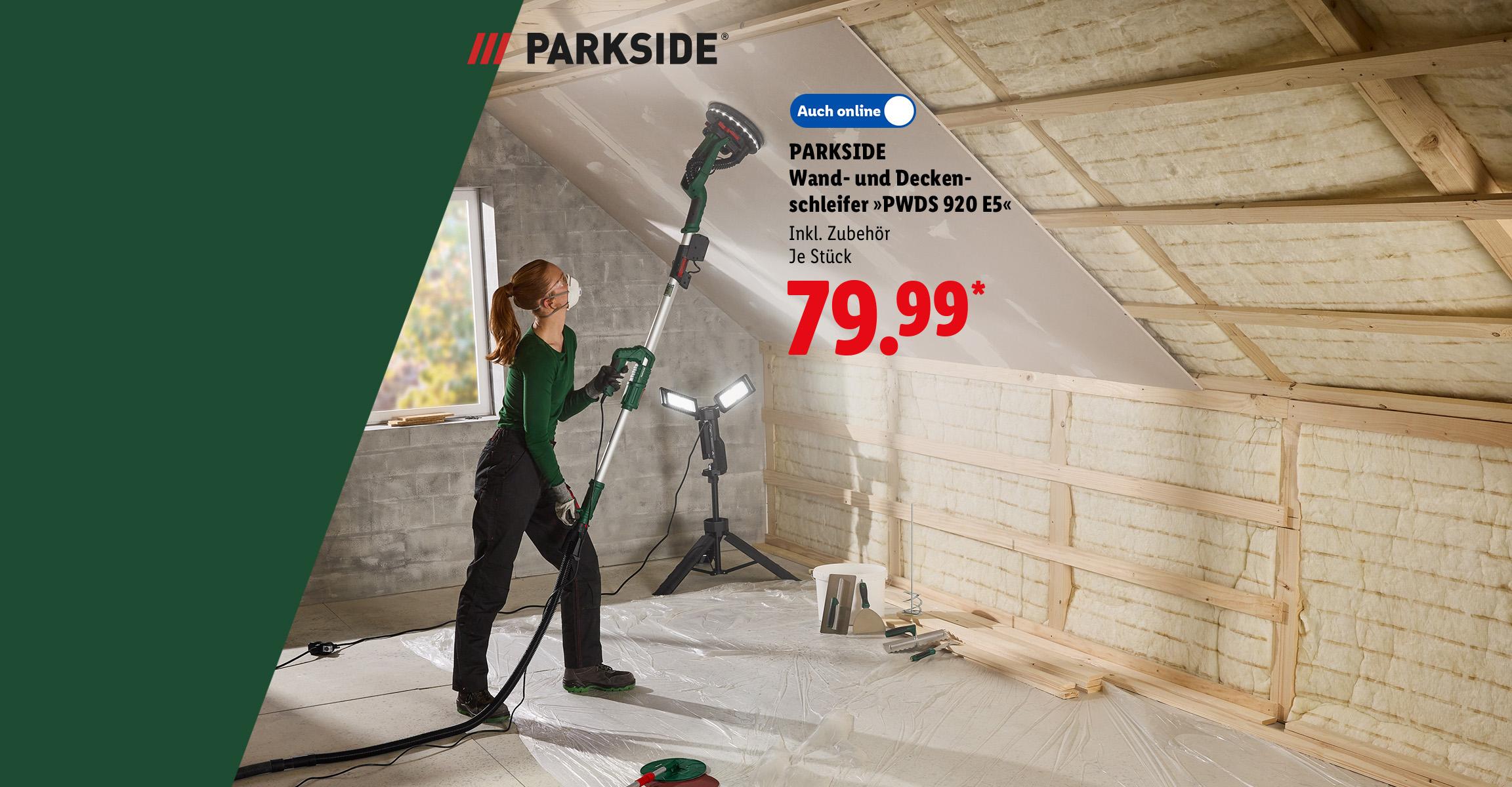 KI-generiert: PARKSIDE Wand- und Deckenschleifer »PWDS 920 E5«, Inkl. Zubehör, je Stück für 79.99 €*, in der Filiale und online erhältlich. KI generiert.