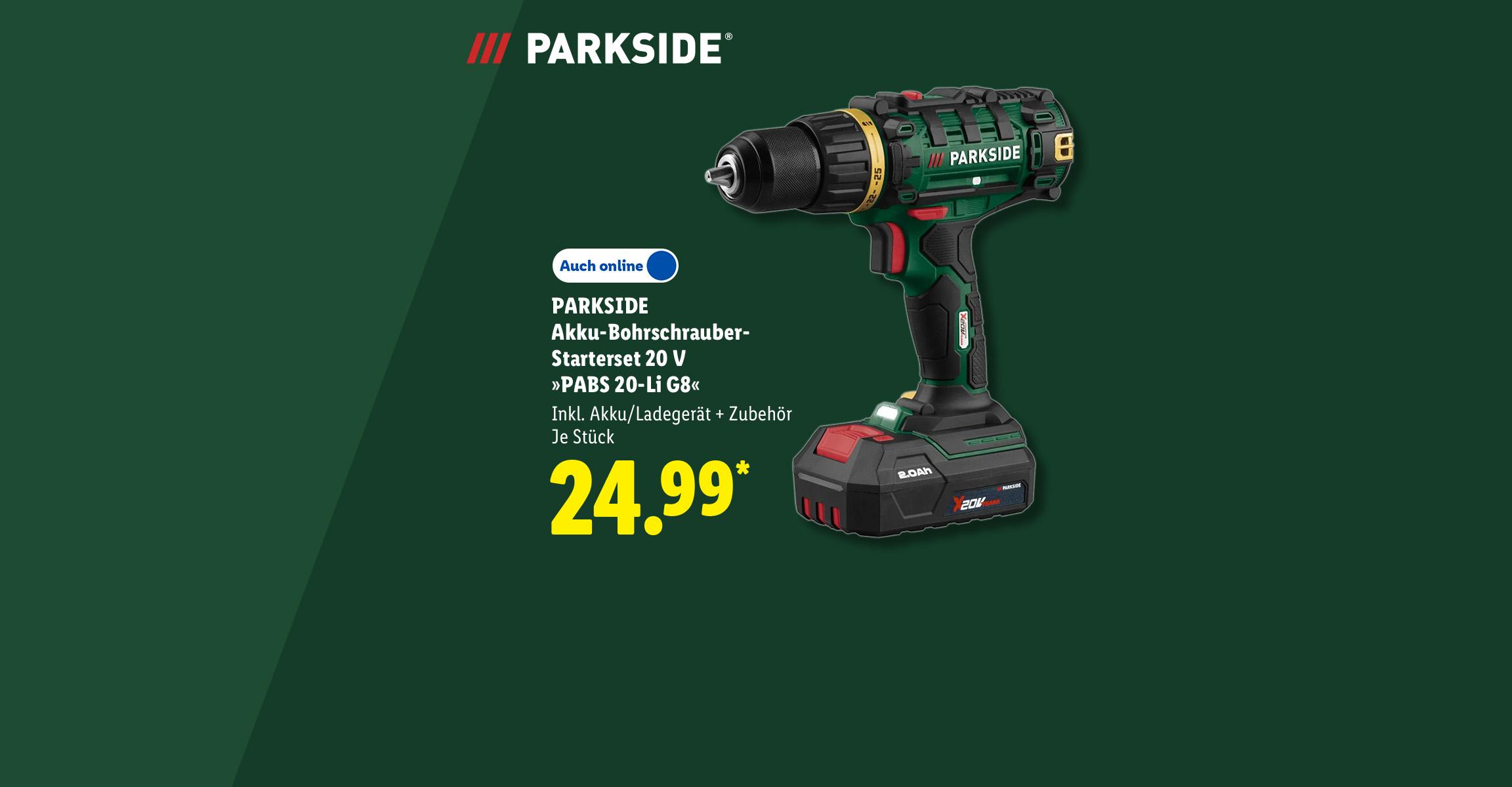 PARKSIDE Du packst das! Akku-Bohrschrauber-Starterset 20 V »PABS 20-Li G8«, Inkl. Akku/Ladegerät + Zubehör, je Stück für 24.99 €* in der Filiale und online erhältlich.