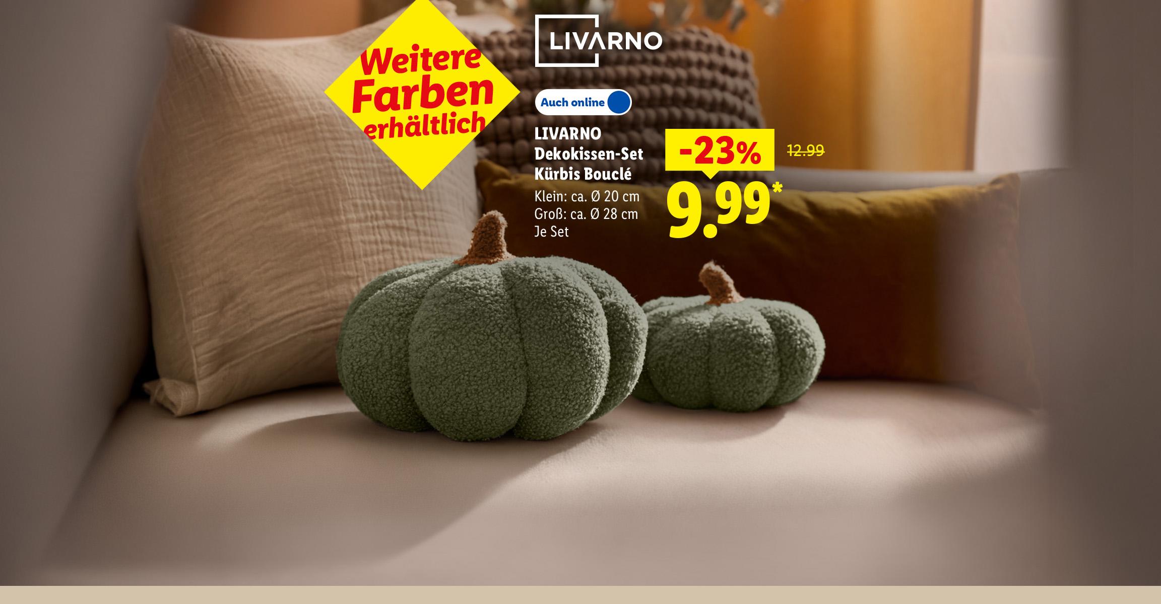 AI-generiert: LIVARNO Dekokissen-Set Kürbis Bouclé, Weitere Farben erhältlich, Klein: ca. Ø 20 cm, Groß: ca. Ø 28 cm, je Set -23% für 9.99 €* in der Filiale und online erhältlich.