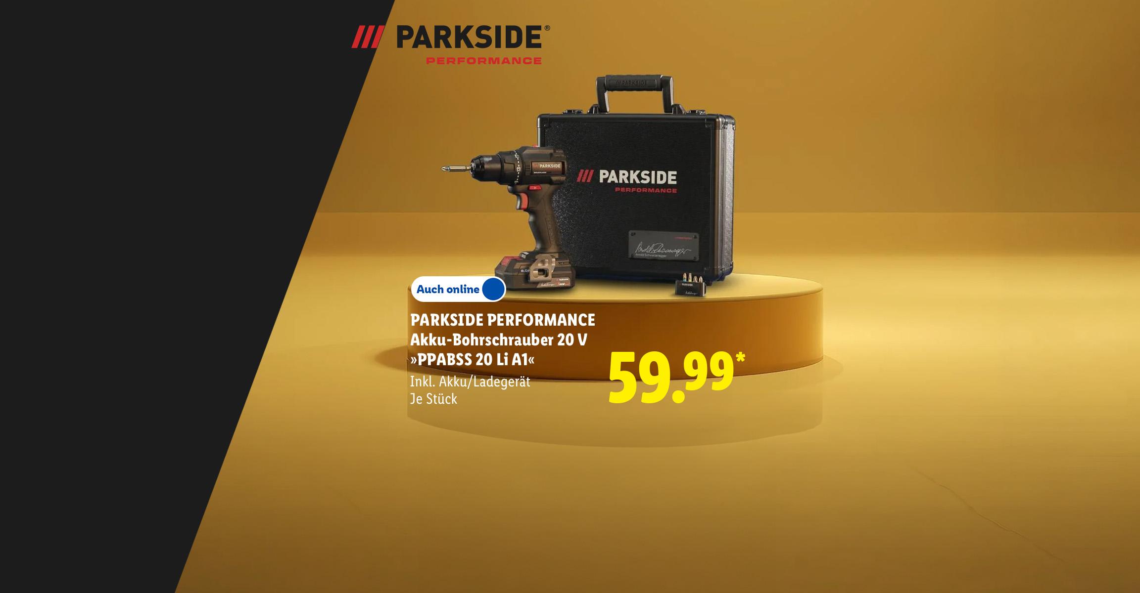 PARKSIDE PERFORMANCE Akku-Bohrschrauber 20 V »PPABSS 20 Li A1«, Limited Edition mit Signature, Inkl. Akku/Ladegerät, je Stück für 59.99 €* in der Filiale und online erhältlich. AI generiert.