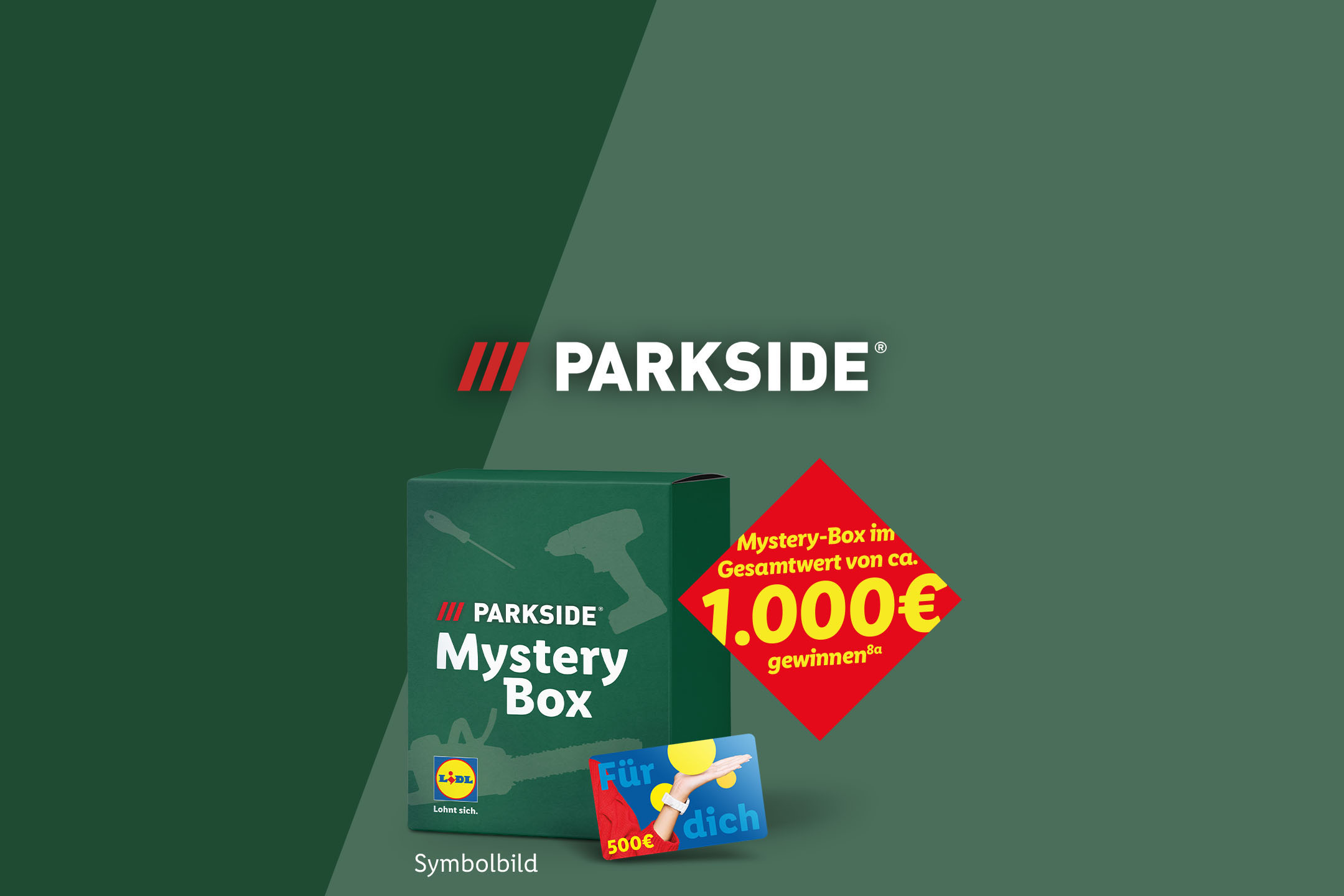 AI-generiert: Grüne Mystery Box mit Werkzeug-Silhouetten, einem roten Preisschild von ca. 1.000€ und einer 500€ Geschenkkarte.