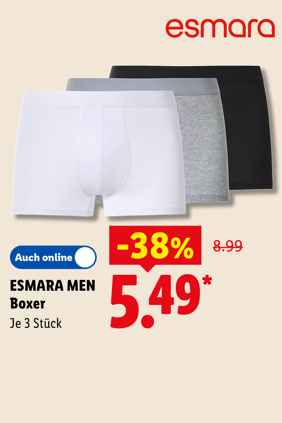 ESMARA MEN Boxer, je 3 Stück auch online -38% für 5.49 €*.