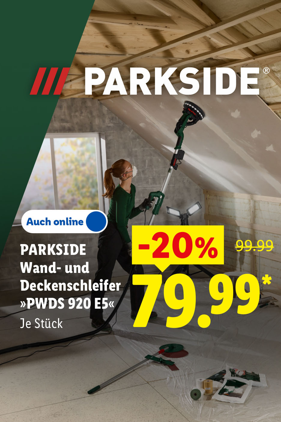 AI-generiert: PARKSIDE Wand- und Deckenschleifer »PWDS 920 E5«, je Stück auch online -20% für 79.99 €*.