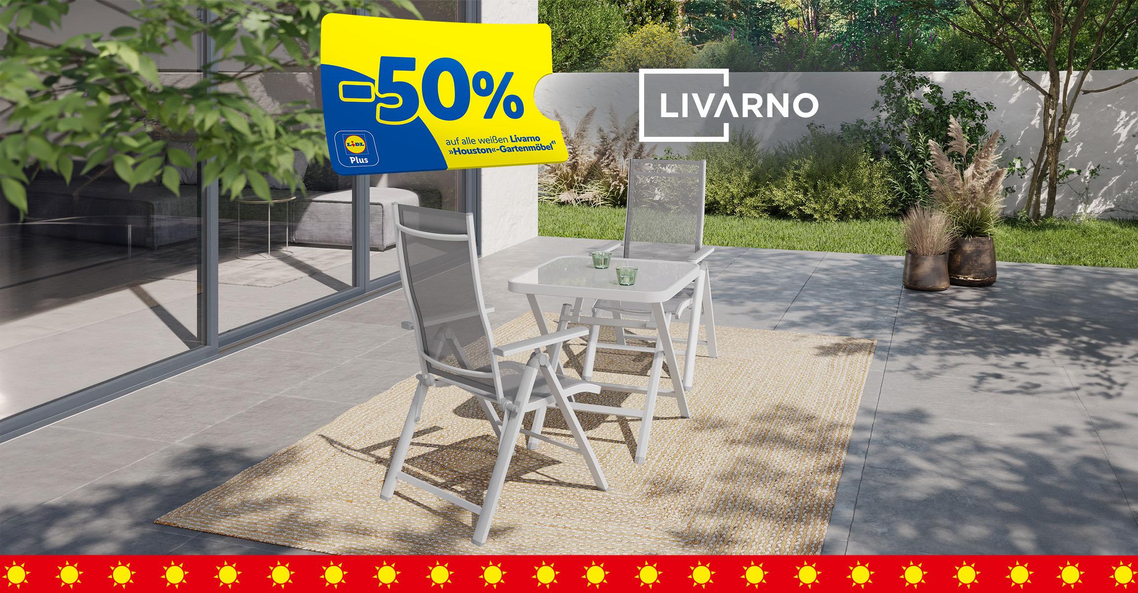 KI-generiert: -50% auf alle weißen Livarno »Houston«-Gartenmöbel (41) mit Lidl Plus