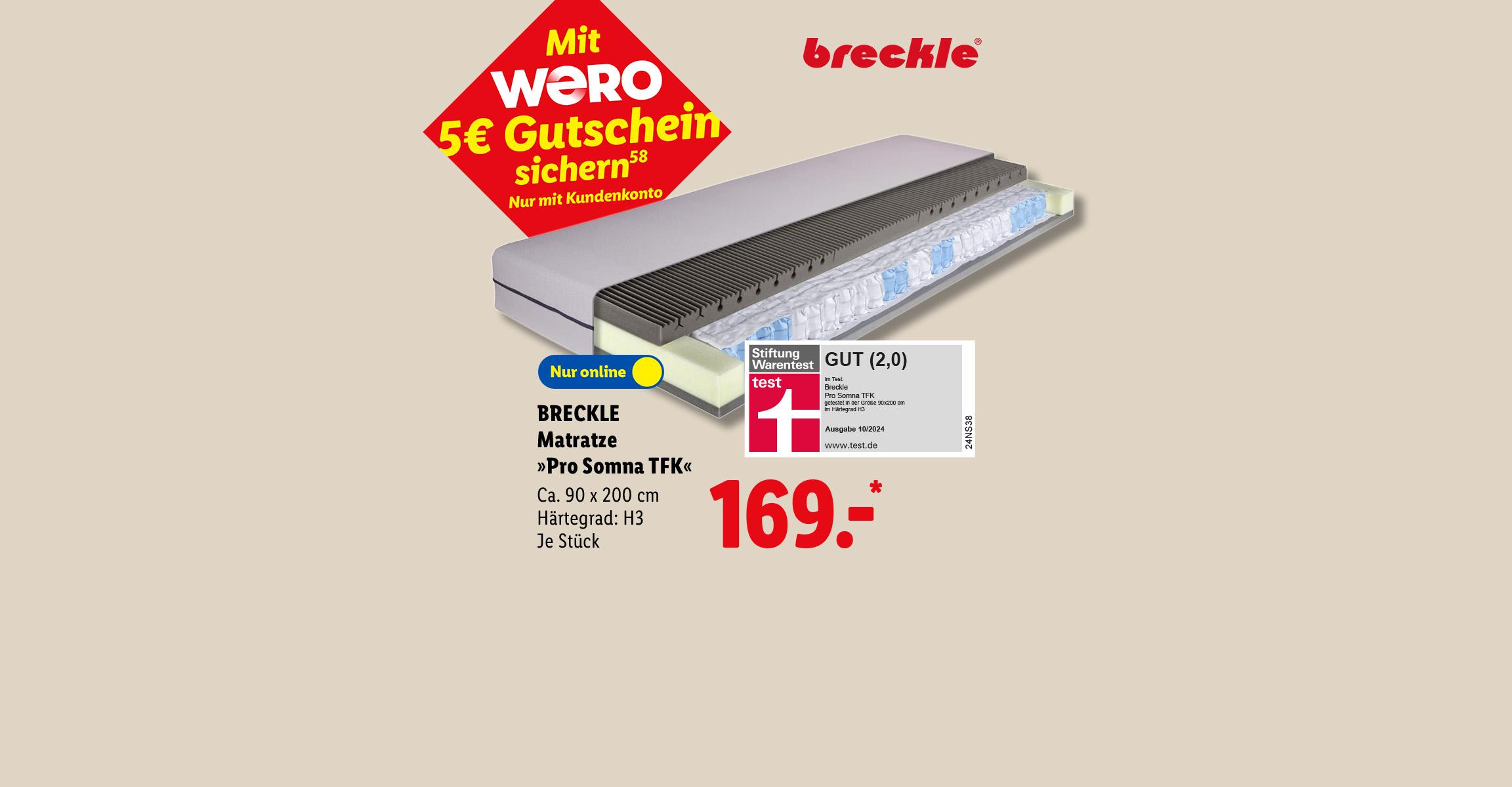 Mit WERO 5€ Gutschein sichern und Stiftung Warentest GUT (2,0): BRECKLE Matratze »Pro Somna TFK«, Ca. 90 x 200 cm und Härtegrad H3, je Stück, Nur online für 169.00 €*.