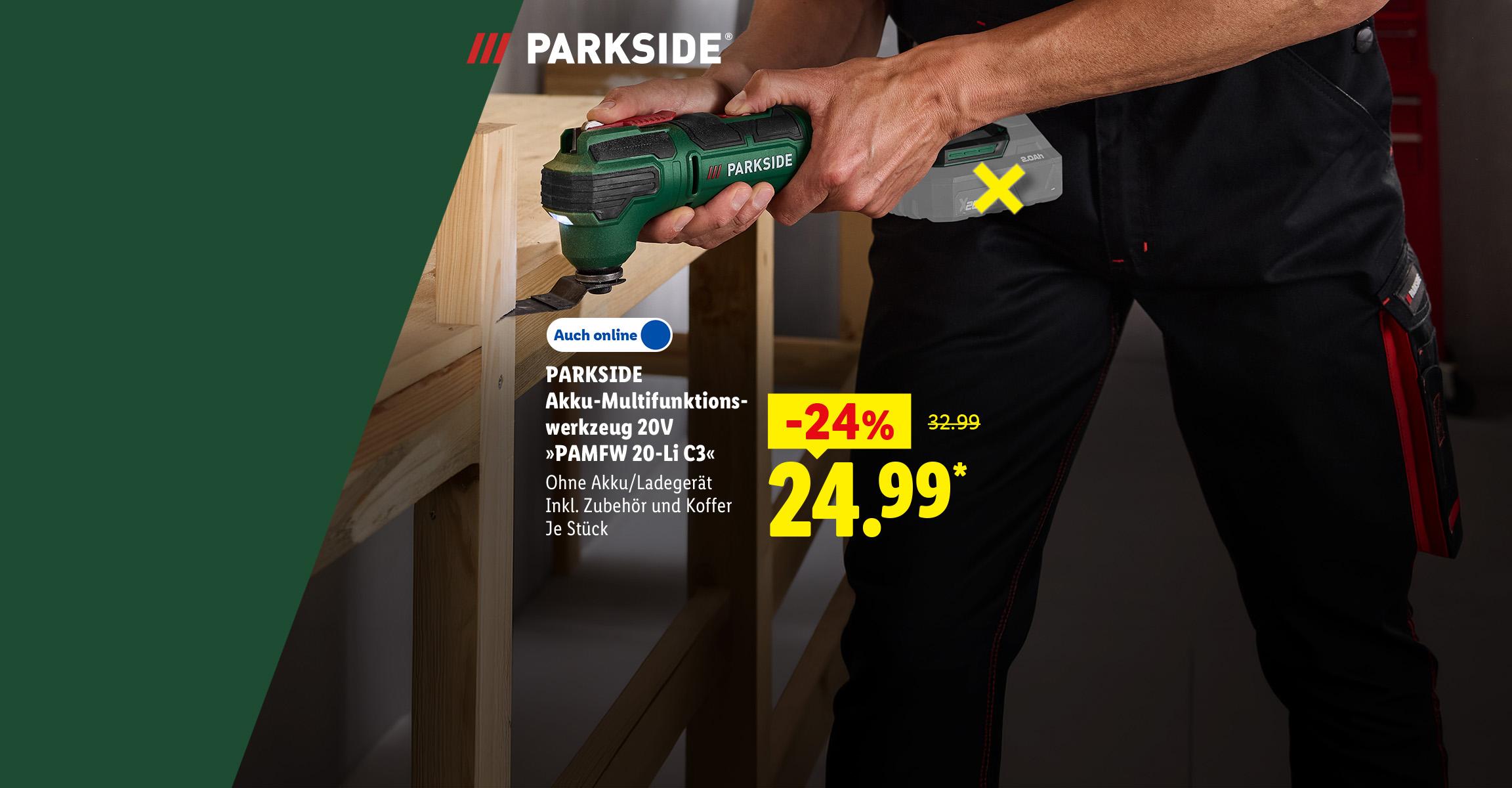 AI-generiert: 30 Jahre Parkside: PARKSIDE Akku-Multifunktionswerkzeug 20V »PAMFW 20-Li C3«, Ohne Akku/Ladegerät Inkl. Zubehör und Koffer, je Stück -24% günstiger, Auch online für 24.99 €*. AI-generated