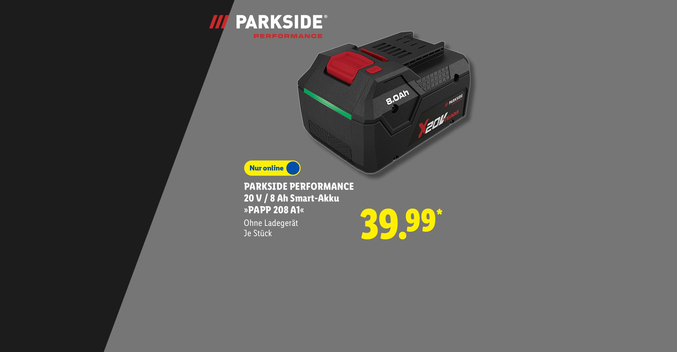 30 Jahre Parkside: PARKSIDE PERFORMANCE 20 V / 8 Ah Smart-Akku »PAPP 208 A1«, Ohne Ladegerät, je Stück, Nur online, für 39.99 €*. Jetzt Angebot sichern.