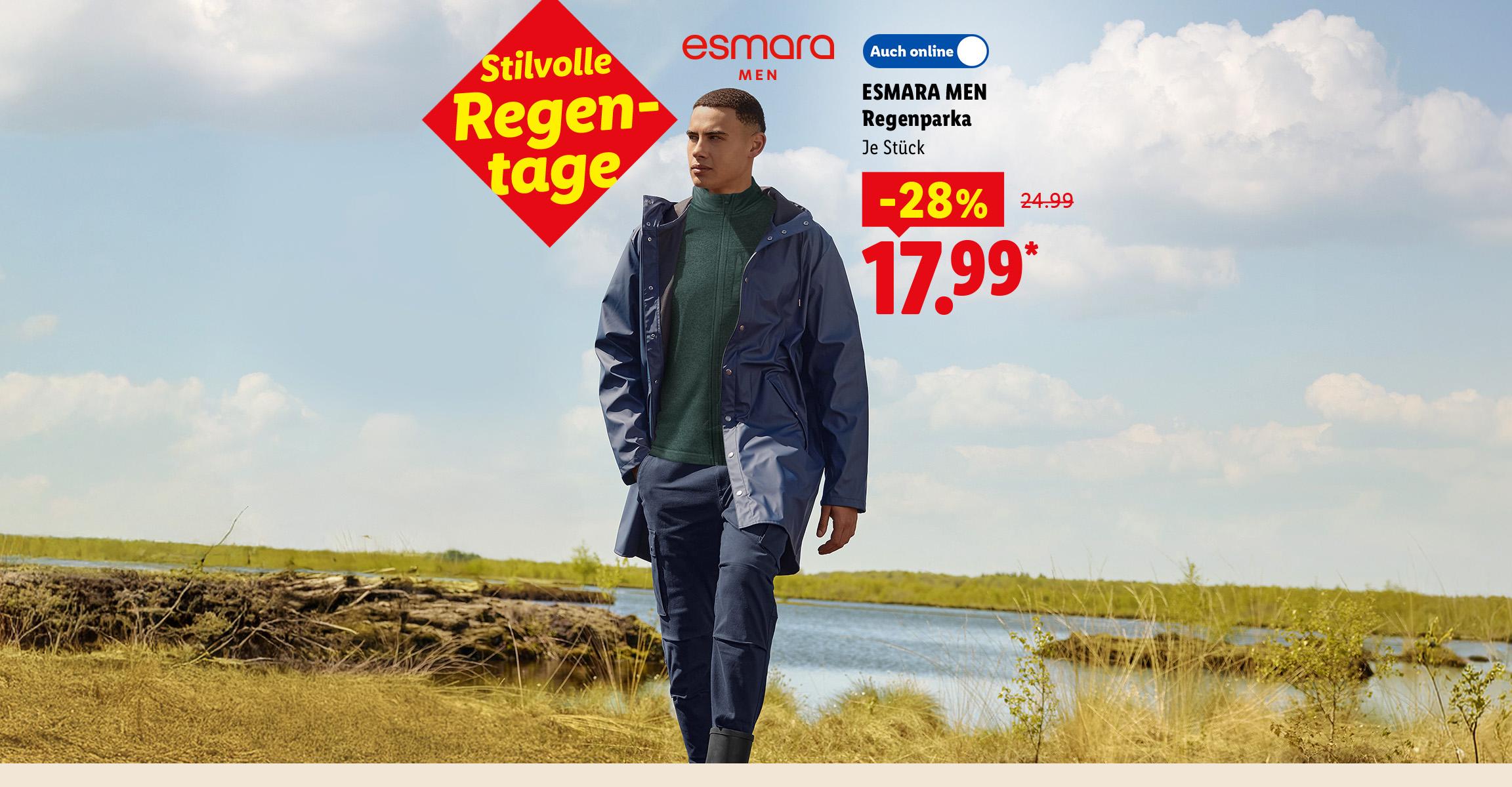 AI-generiert: Stilvolle Regentage: ESMARA MEN Regenparka, je Stück -28% günstiger, Auch online für 17.99 €*. AI-generated