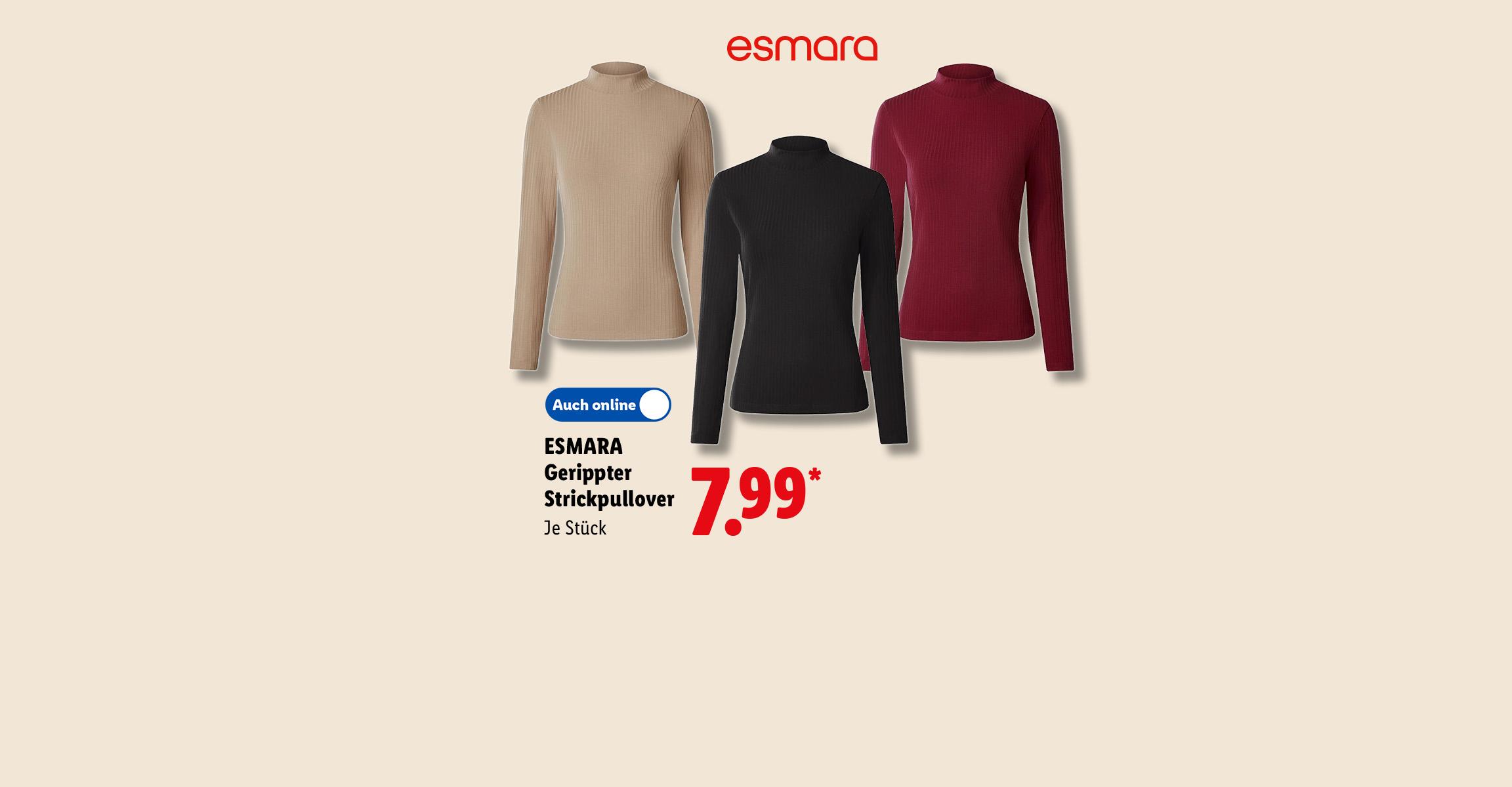 ESMARA Gerippter Strickpullover, z.B. in Beige, Schwarz und Dunkelrot, je Stück Auch online für 7.99 €*.