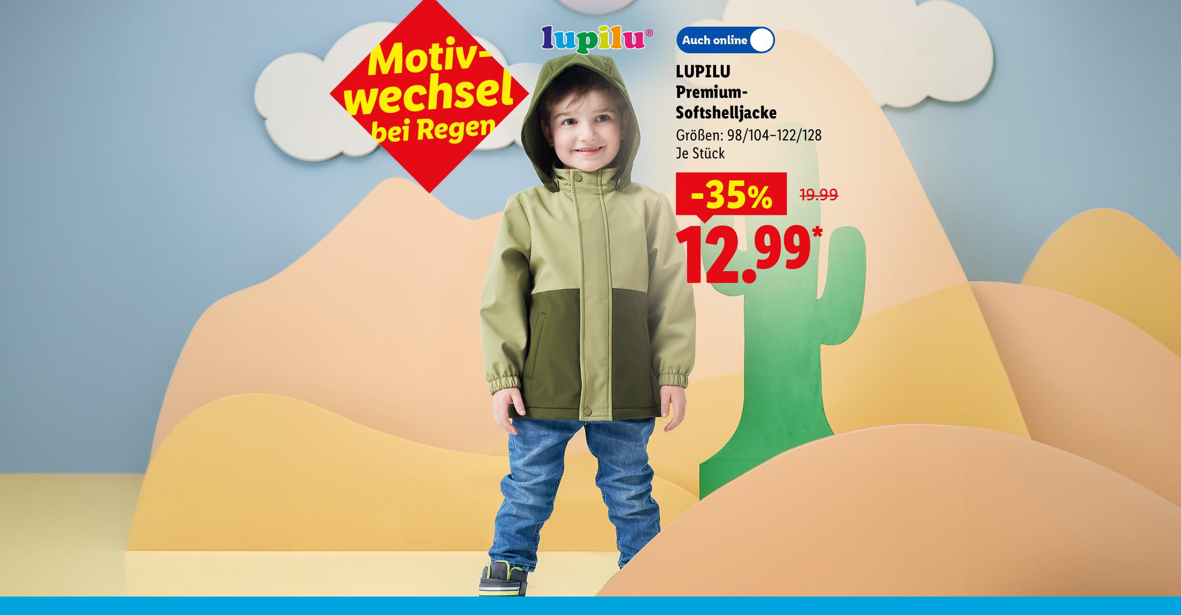 AI-generiert: Motivwechsel bei Regen: LUPILU Premium-Softshelljacke, Größen: 98/104-122/128, je Stück -35% günstiger, Auch online für 12.99 €*. AI-generated