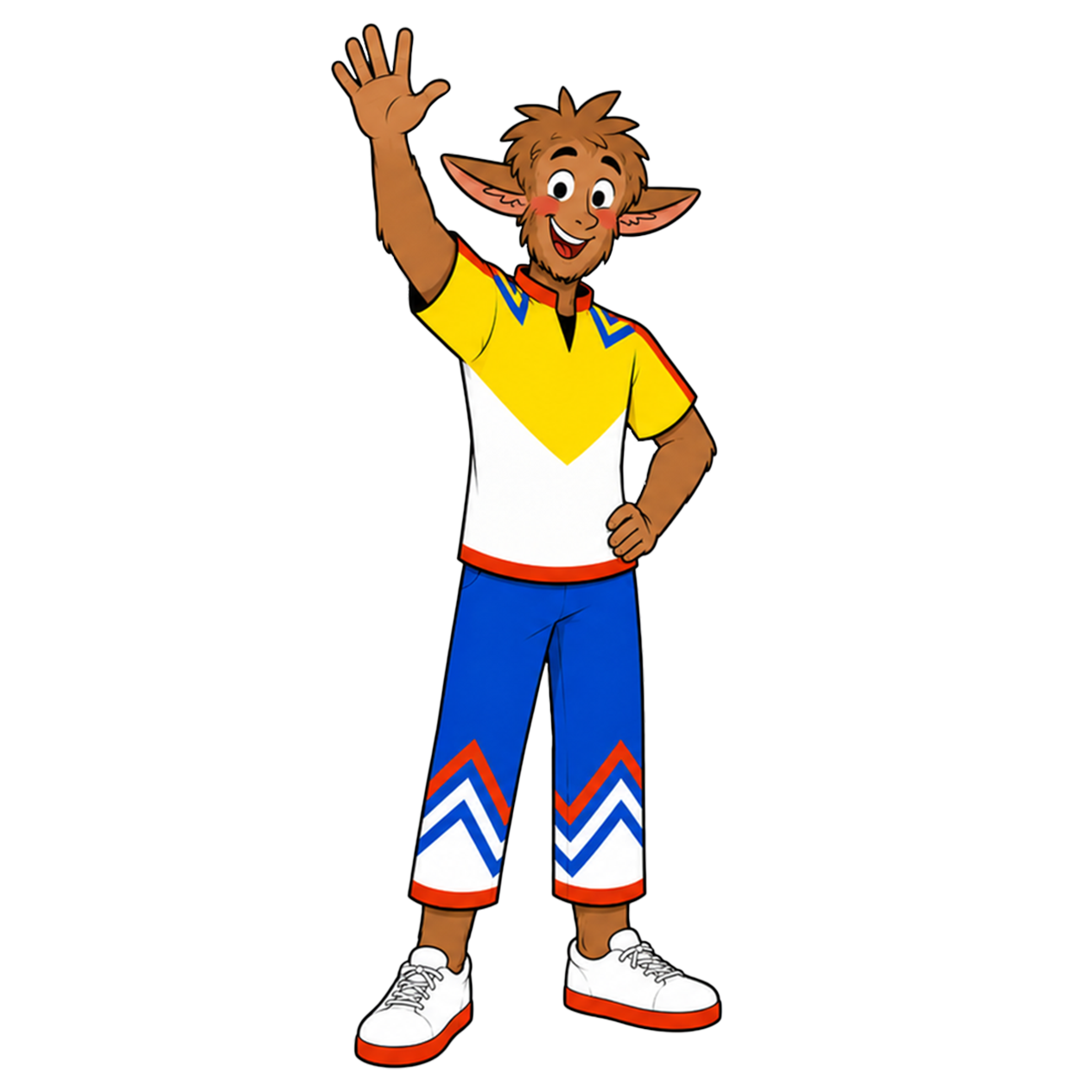 Ein Cartoon-Charakter mit braunem Fell, gelb-weißem T-Shirt und blauen Hosen winkt.