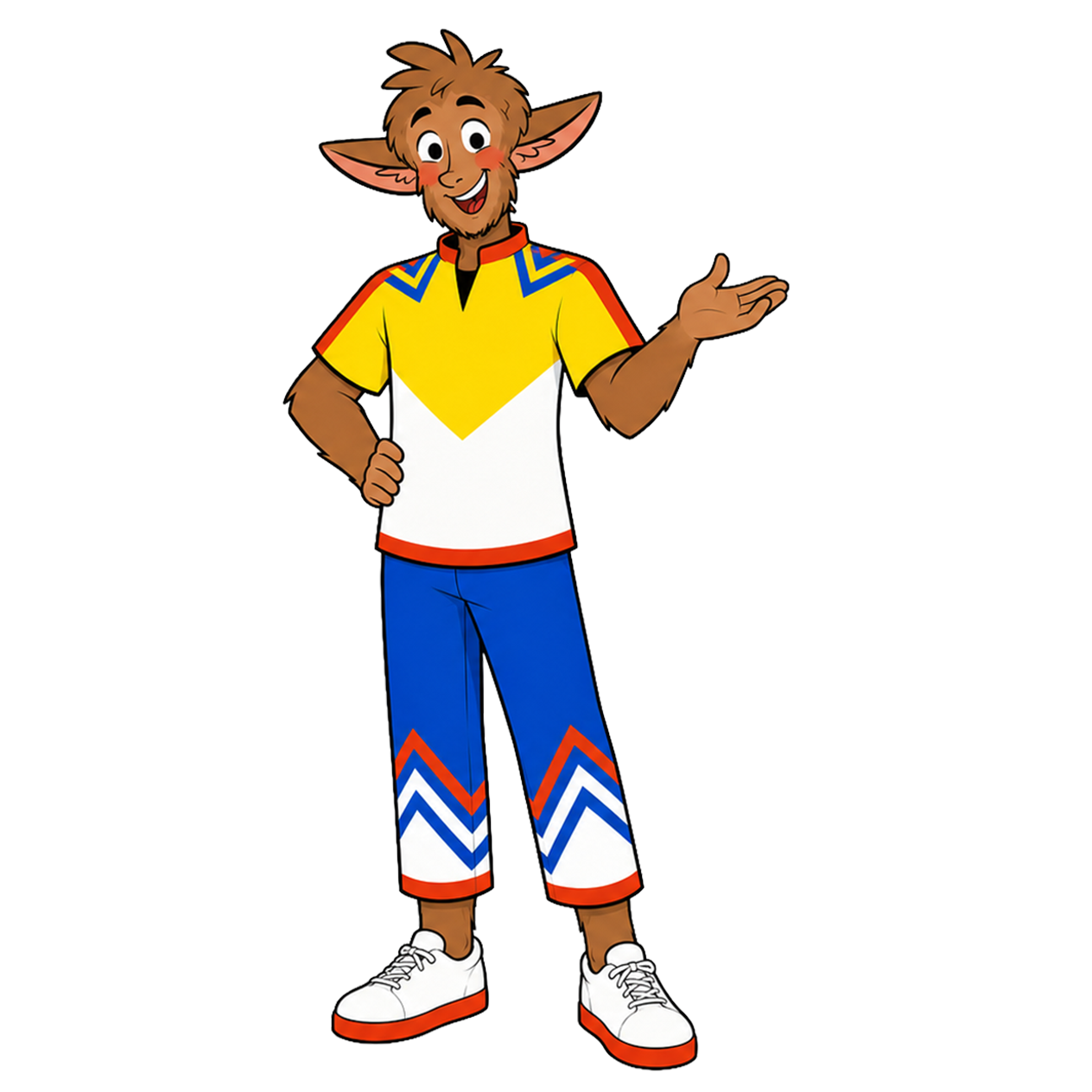 Ein lächelnder, braunhaariger Cartoon-Charakter mit spitzen Ohren, gelb-weißem Oberteil und blauen Hosen.