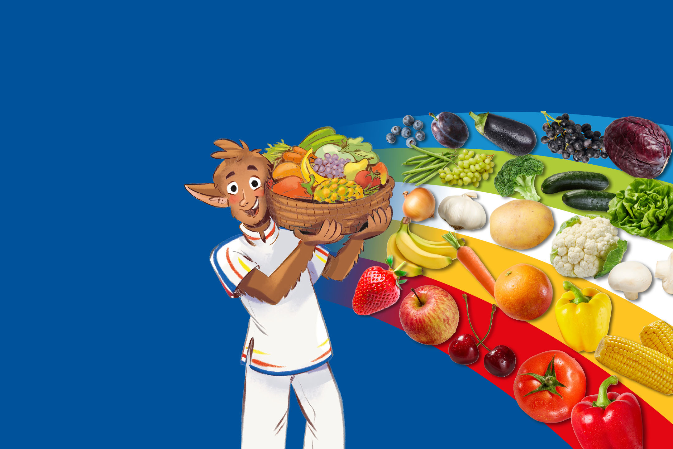 Ein Cartoon-Charakter hält einen Korb voller Obst und Gemüse, umgeben von einer Vielzahl frischer Produkte.