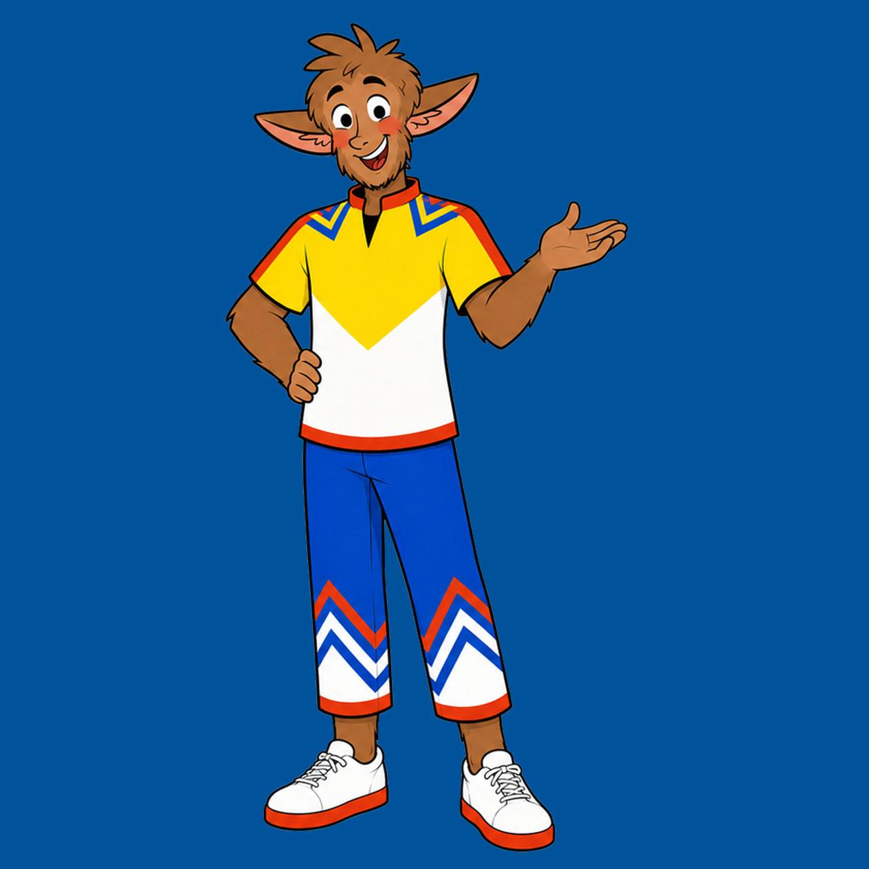 Ein Cartoon-Charakter mit Ziegenohren und Bart, der ein gelb-weißes Hemd und blaue Hosen trägt.