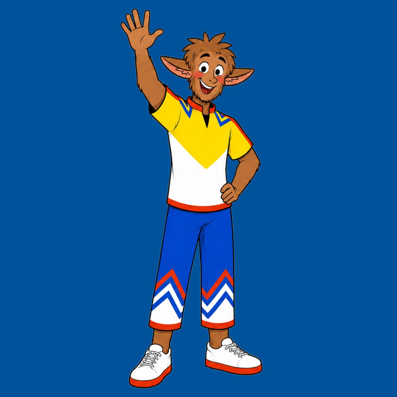 Cartoon-Figur mit braunem Fell, gelb-weißem T-Shirt und blauen Hosen, die winkt.