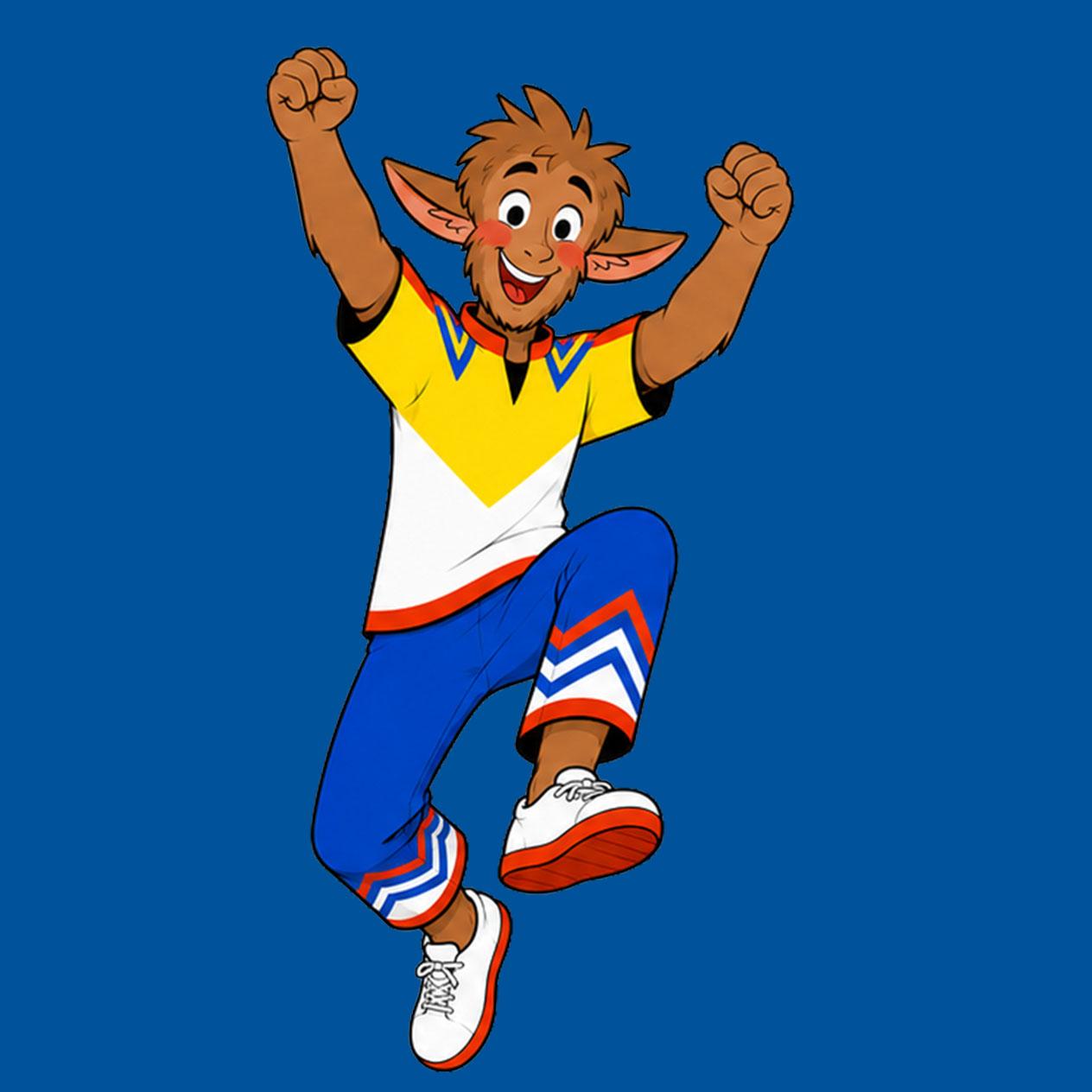 Fröhlicher Cartoon-Charakter in Sportkleidung springt vor blauem Hintergrund.