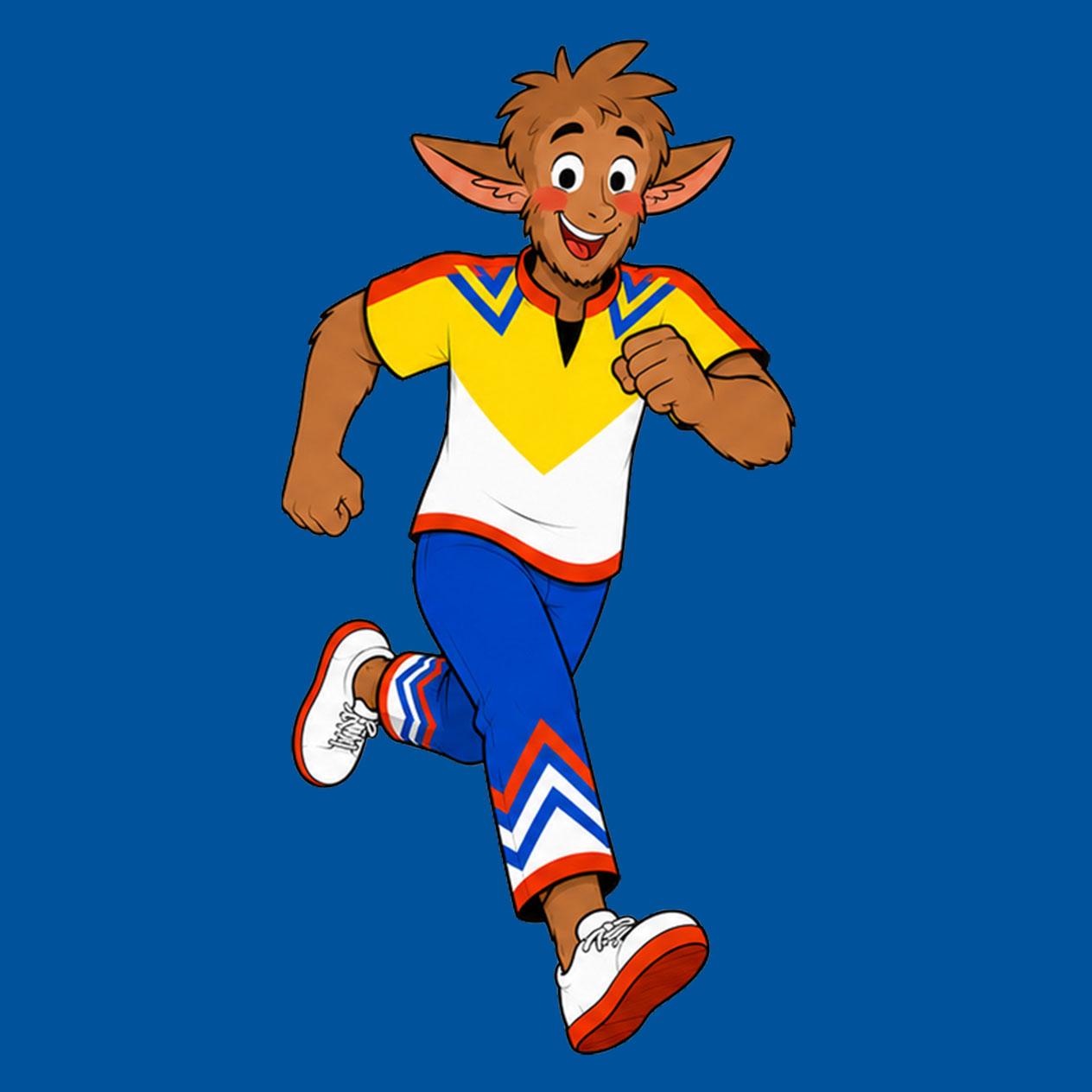 Ein Cartoon-Charakter mit Tierohren und braunem Fell, der in einem gelb-weiß-blauen Sportoutfit rennt.