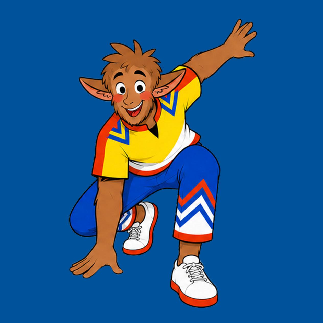 Ein lächelnder Cartoon-Charakter in bunter Sportkleidung hockt auf blauem Hintergrund.