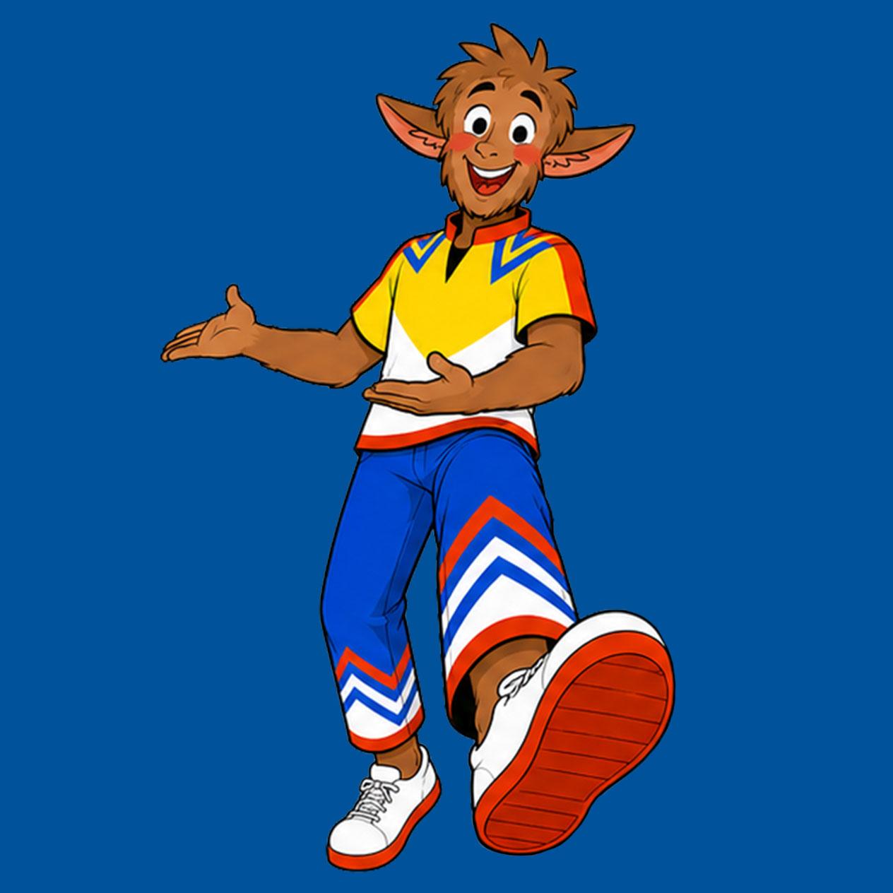 Ein fröhlicher Cartoon-Charakter mit braunem Fell, gelb-blauem T-Shirt und blauen Hosen mit roten und weißen Streifen.