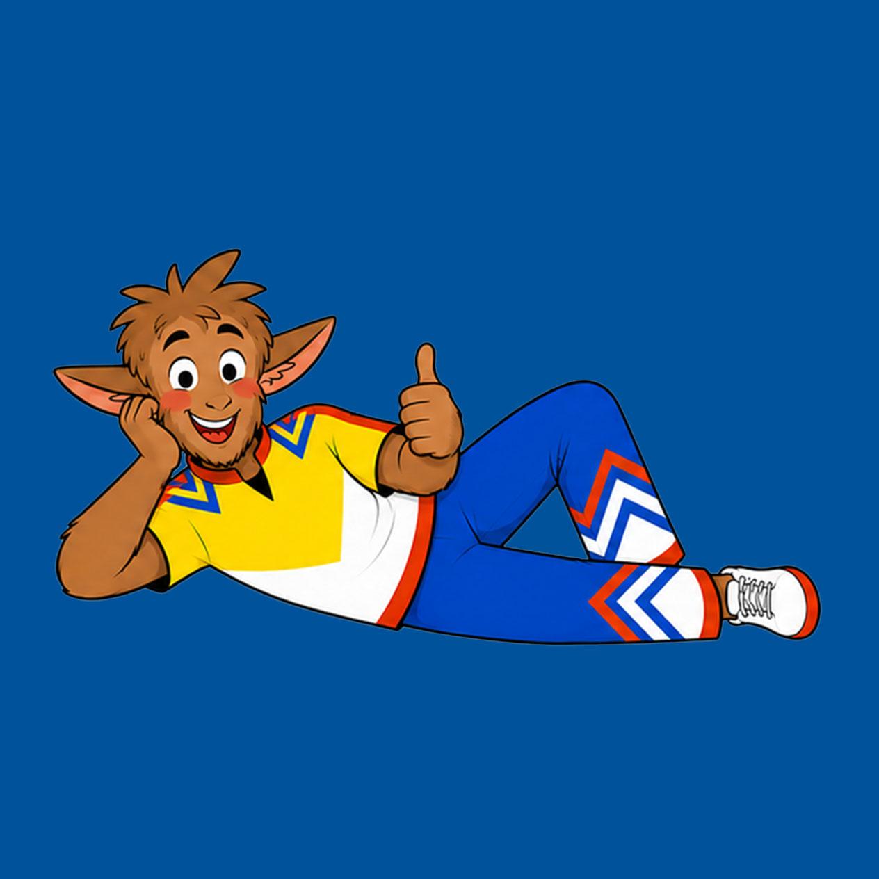 Zeichentrickfigur mit Ziegenohren, gelbem T-Shirt und blauer Hose, die einen Daumen hoch zeigt.