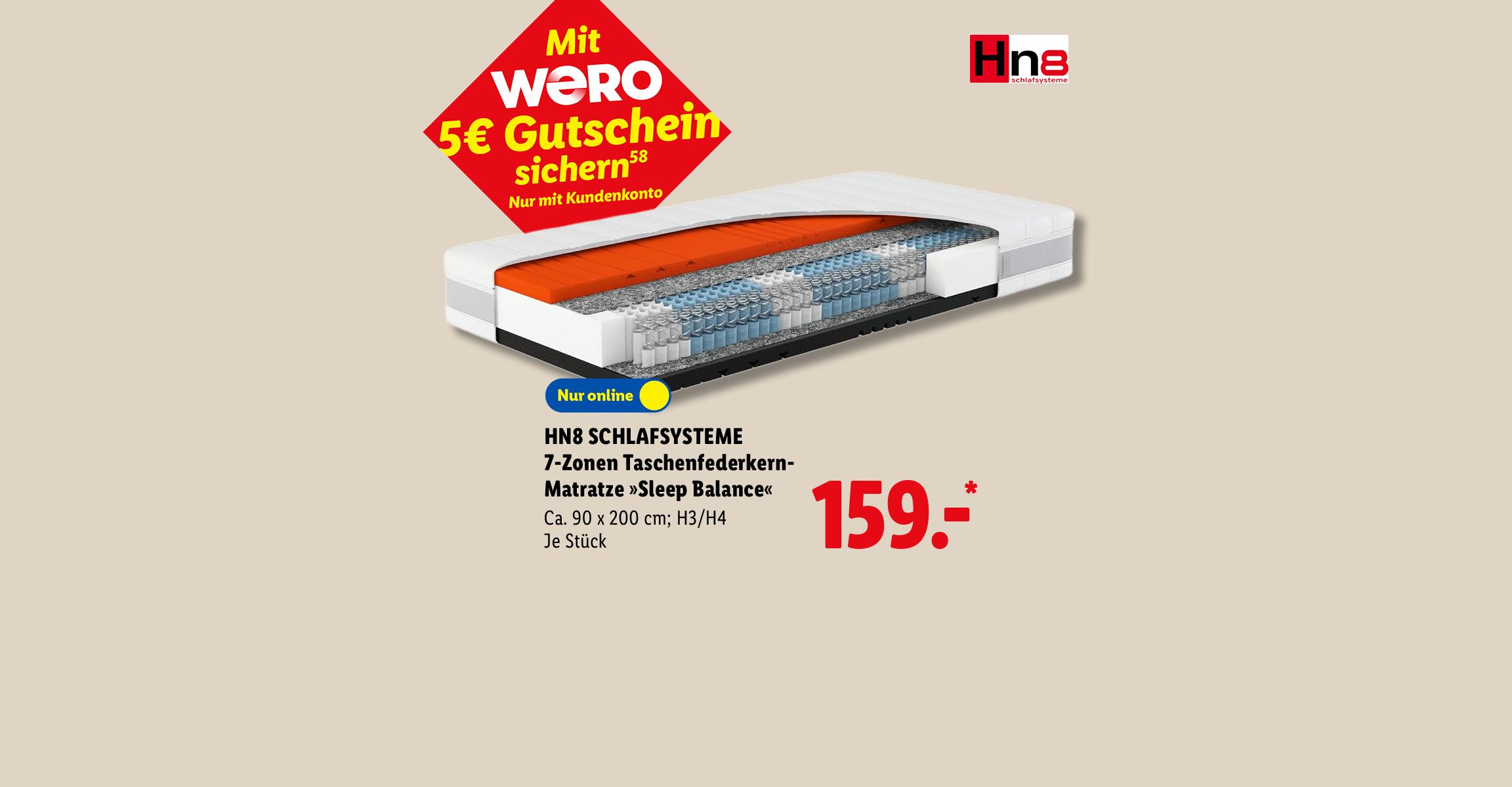 Mit WERO 5€ Gutschein sichern: HN8 SCHLAFSYSTEME 7-Zonen Taschenfederkern-Matratze »Sleep Balance«, Ca. 90 x 200 cm; H3/H4, je Stück, Nur online für 159.- €*.