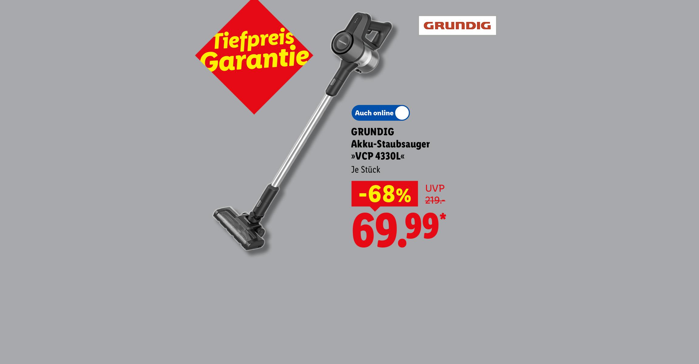 Tiefpreis Garantie: GRUNDIG Akku-Staubsauger »VCP 4330L«, Je Stück -68% günstiger, Auch online für 69.99 €*.