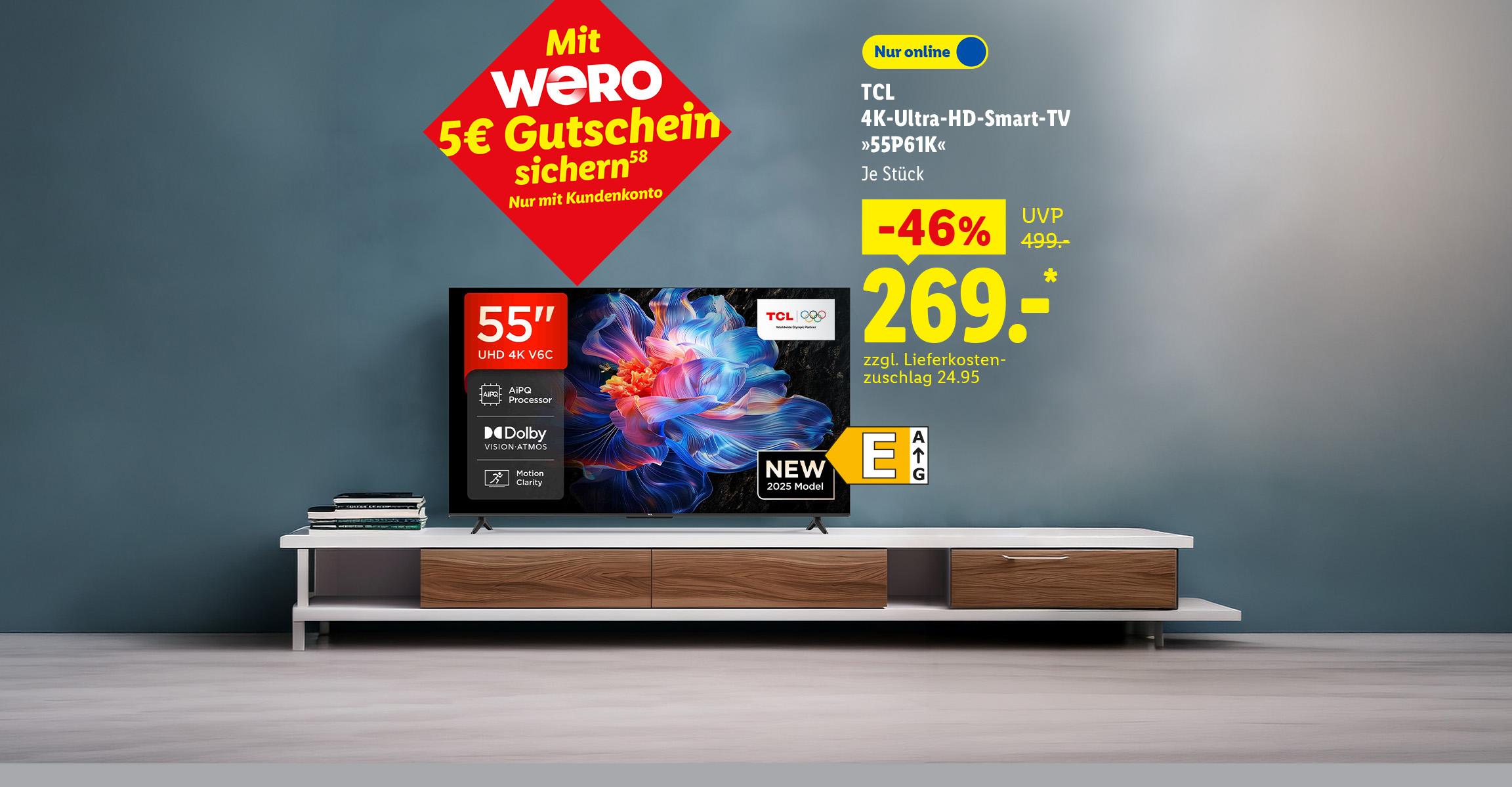 AI-generiert: Mit WERO 5€ Gutschein sichern: TCL 4K-Ultra-HD-Smart-TV »55P61K«, 55", je Stück -46% günstiger, Nur online für 269.- €*. zzgl. Lieferkostenzuschlag 24.95. AI-generated.