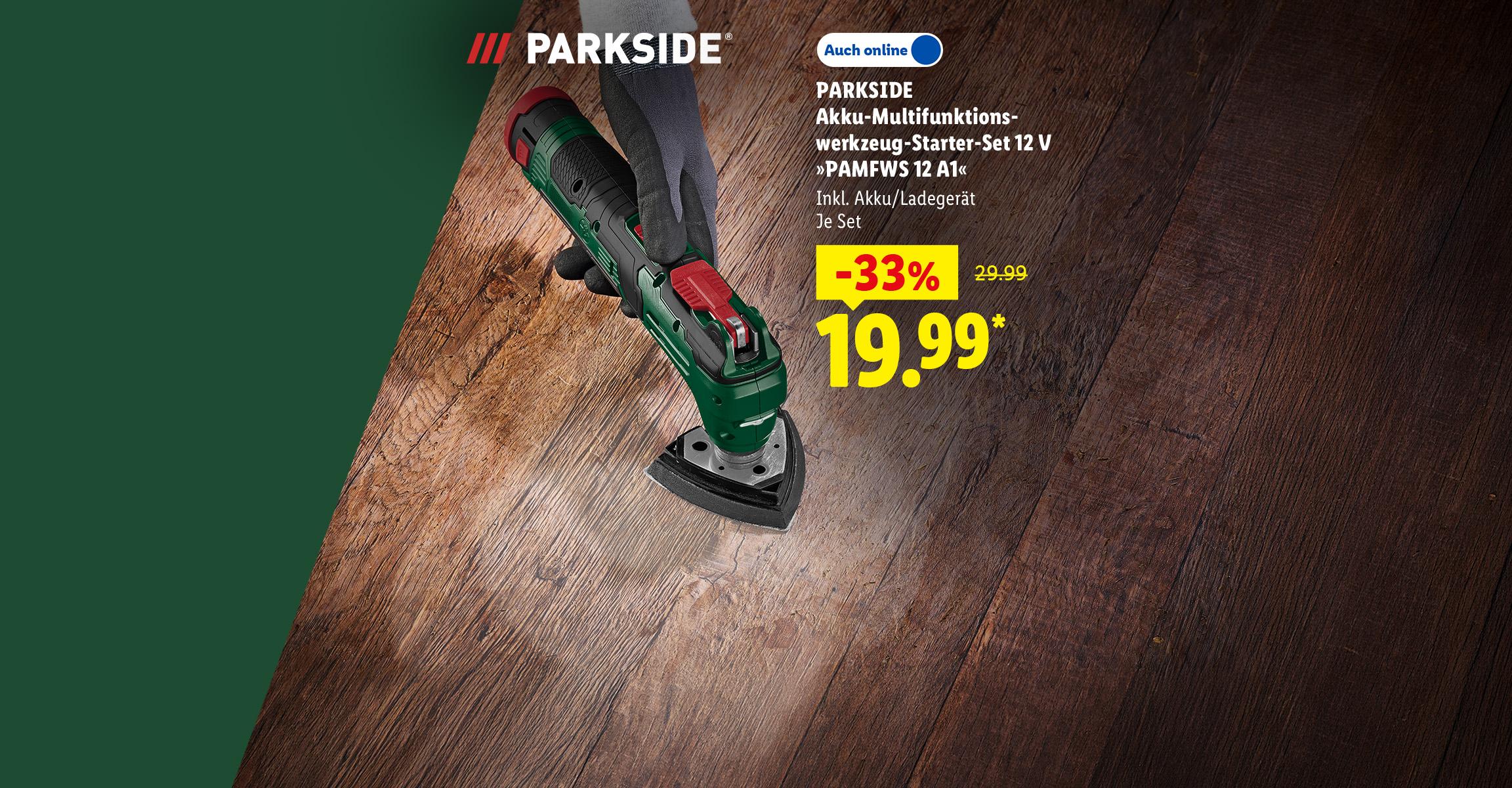30 Jahre Parkside: PARKSIDE Akku-Multifunktionswerkzeug-Starter-Set 12 V »PAMFWS 12 A1«, Inkl. Akku/Ladegerät, je Set -33% günstiger, Auch online für 19.99 €*.