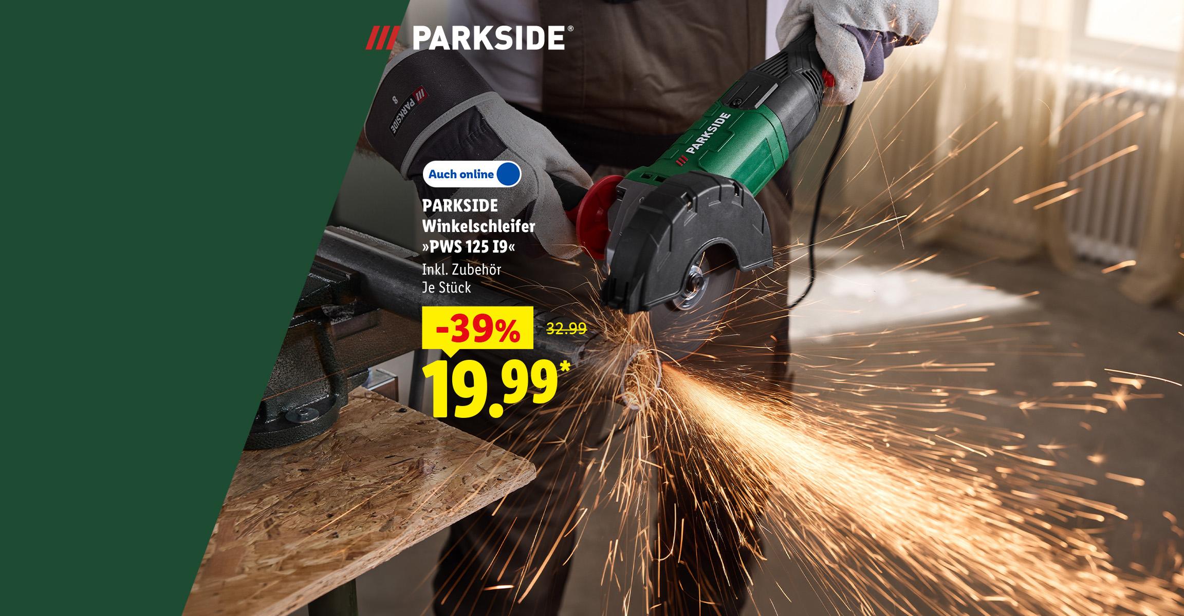 AI-generiert: 30 Jahre Parkside: PARKSIDE Winkelschleifer »PWS 125 I9«, Inkl. Zubehör, je Stück -39% günstiger, Auch online für 19.99 €*. AI-generated.