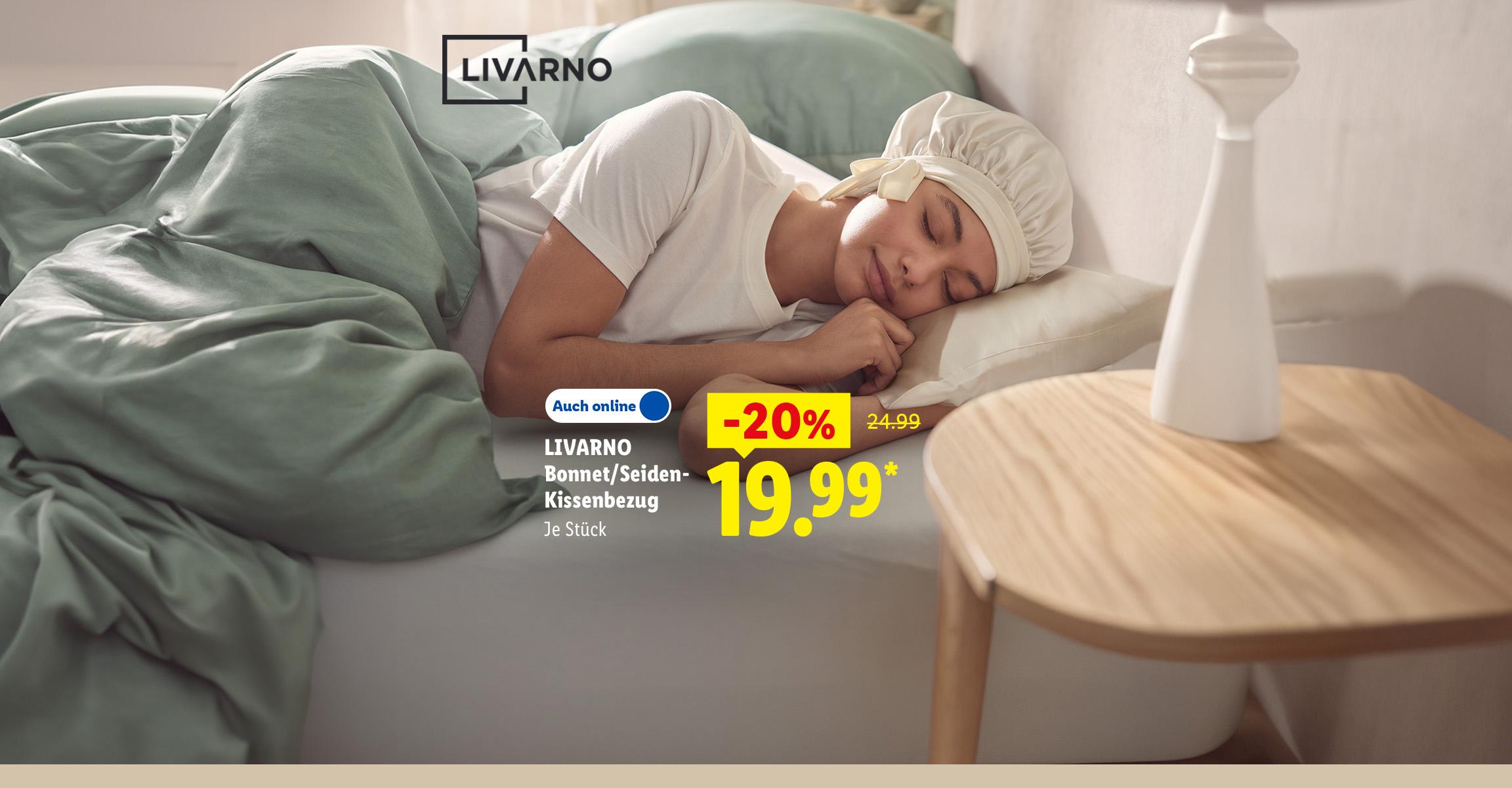 AI-generiert: LIVARNO Bonnet/Seiden-Kissenbezug, je Stück -20% günstiger, Auch online für 19.99 €*. AI-generated.