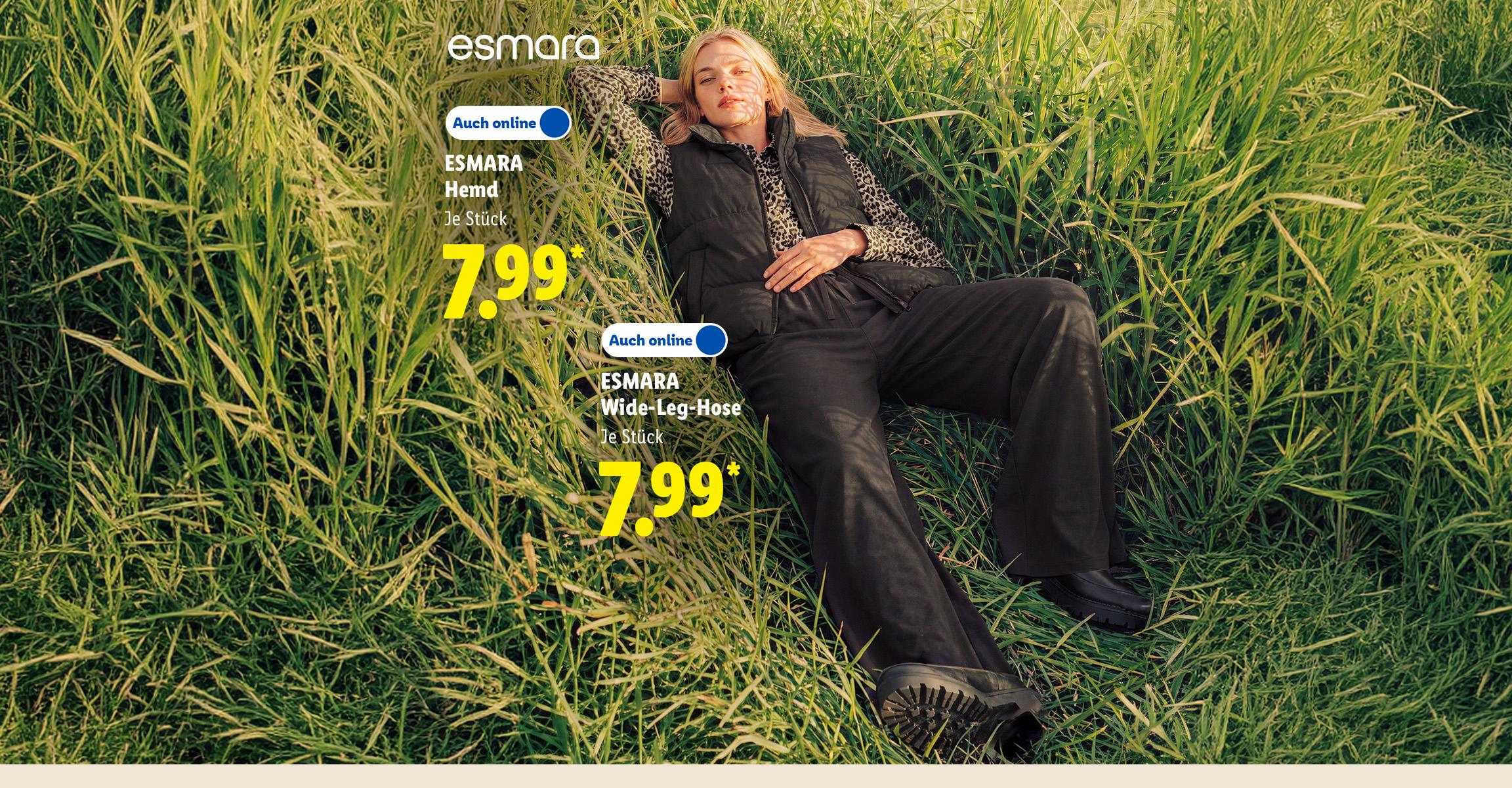 AI-generiert: ESMARA Wide-Leg-Hose, je Stück, Auch online für 7.99 €. ESMARA Hemd, je Stück, Auch online für 7.99 €. AI-generated.