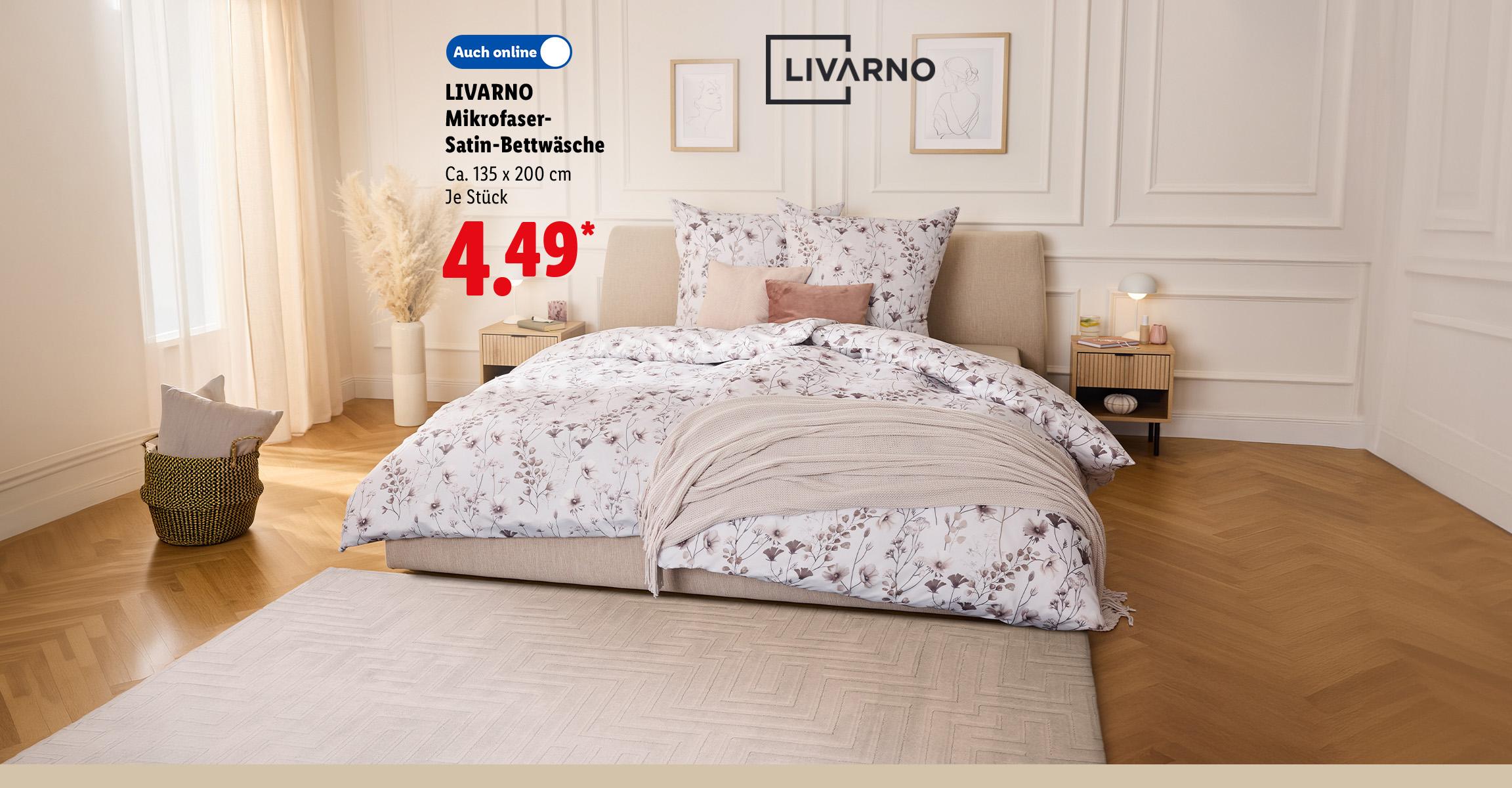 AI-generiert: LIVARNO Mikrofaser-Satin-Bettwäsche, Ca. 135 x 200 cm, je Stück, Auch online für 4.49 €*. AI-generated.
