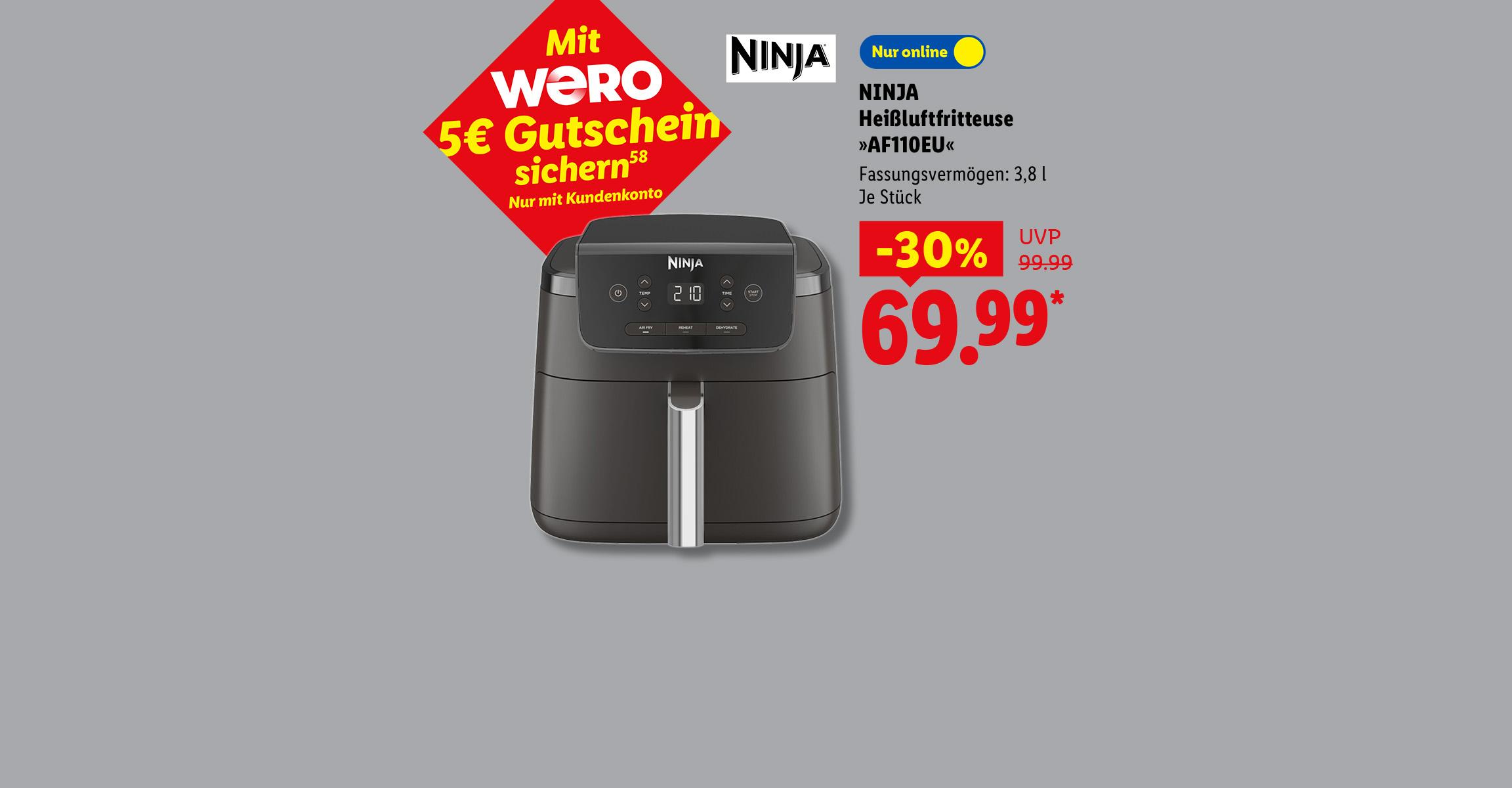 Mit WERO 5€ Gutschein sichern: NINJA Heißluftfritteuse »AF110EU«, Fassungsvermögen: 3,8 l, Je Stück -30% günstiger, Nur online für 69.99 €*.