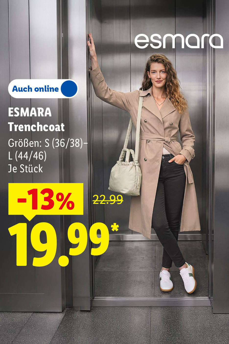 AI-generiert: ESMARA Trenchcoat, Größen: S (36/38)-L (44/46), je Stück -13% günstiger, Auch online für 19.99 €*. AI-generiert.