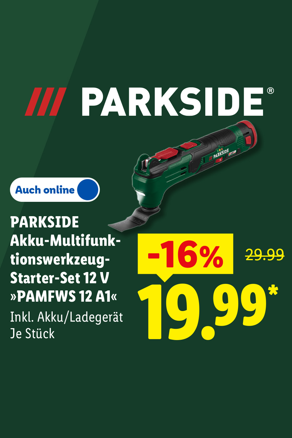 PARKSIDE Akku-Multifunktionswerkzeug-Starter-Set 12 V »PAMFWS 12 A1«, Inkl. Akku/Ladegerät, je Stück -16% günstiger, Auch online für 19.99 €*. 30 Jahre PARKSIDE – Volle Power feiern!