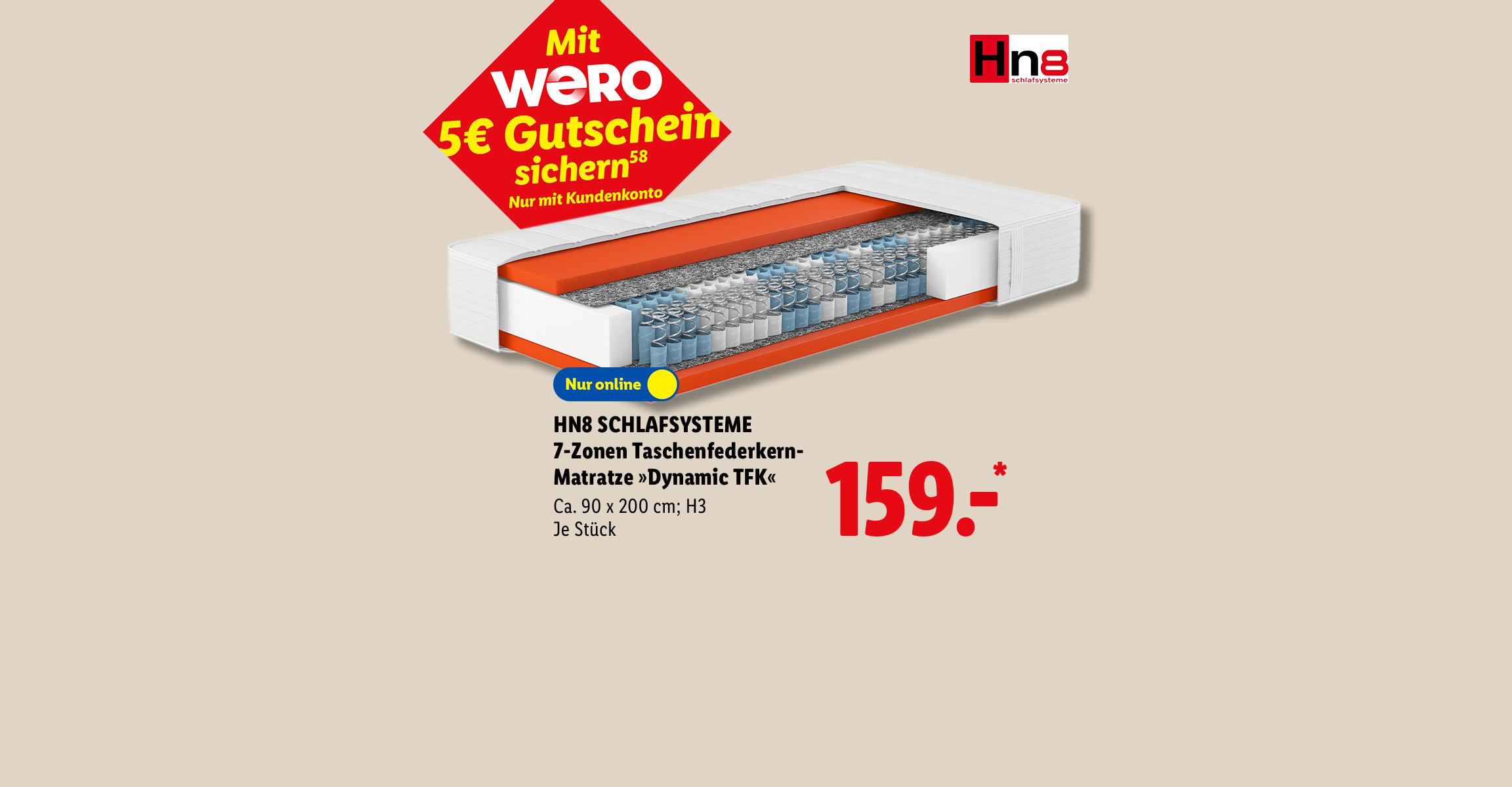 Mit WERO 5€ Gutschein sichern: HN8 SCHLAFSYSTEME 7-Zonen Taschenfederkern-Matratze »Dynamic TFK«, Ca. 90 x 200 cm; H3, je Stück, Nur online für 159.- €*.