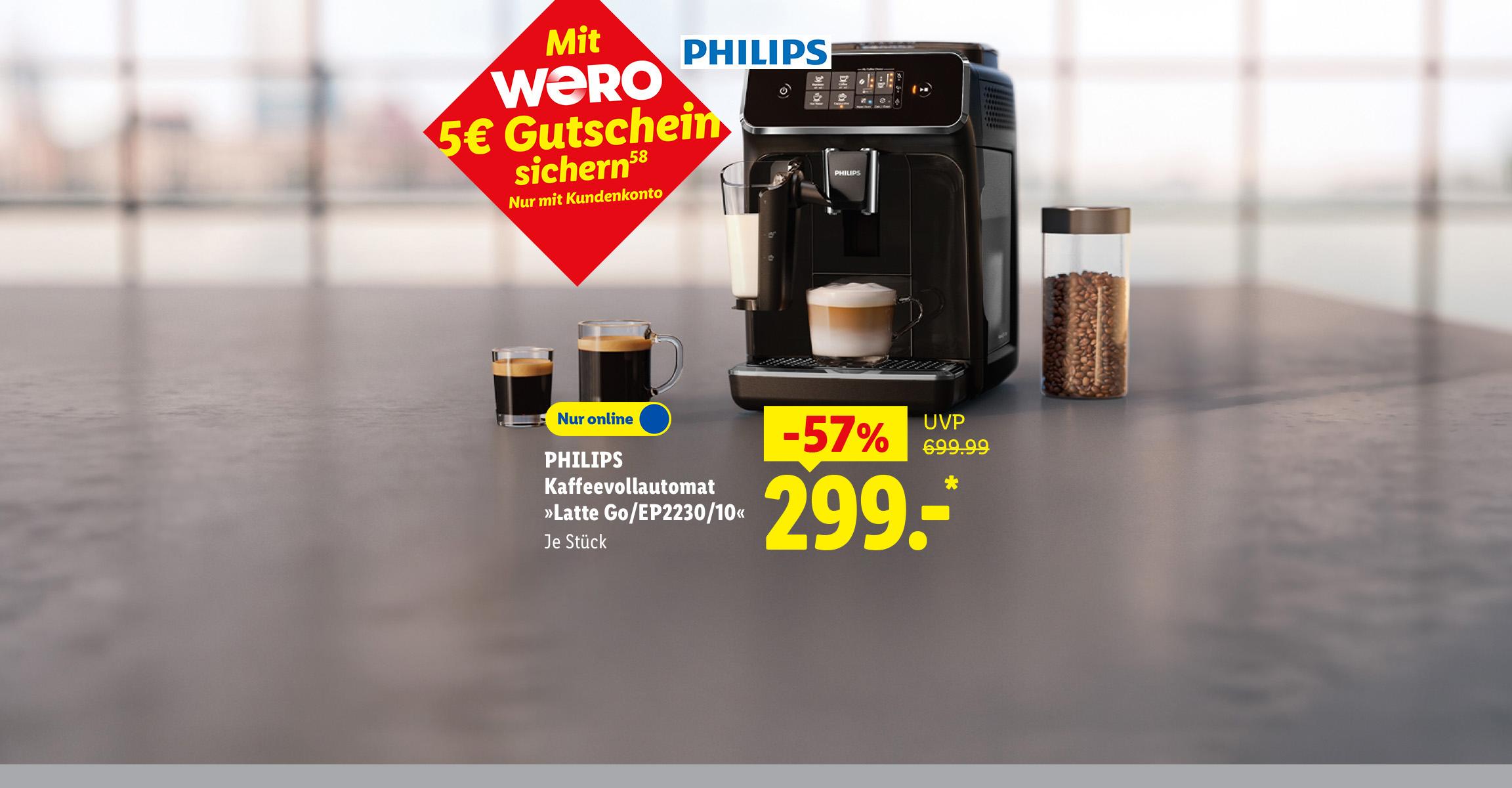 AI-generiert: Mit WERO 5€ Gutschein sichern: PHILIPS Kaffeevollautomat »Latte Go/EP2230/10«, je Stück, -57% günstiger, Nur online für 299.- €*. AI-generated.