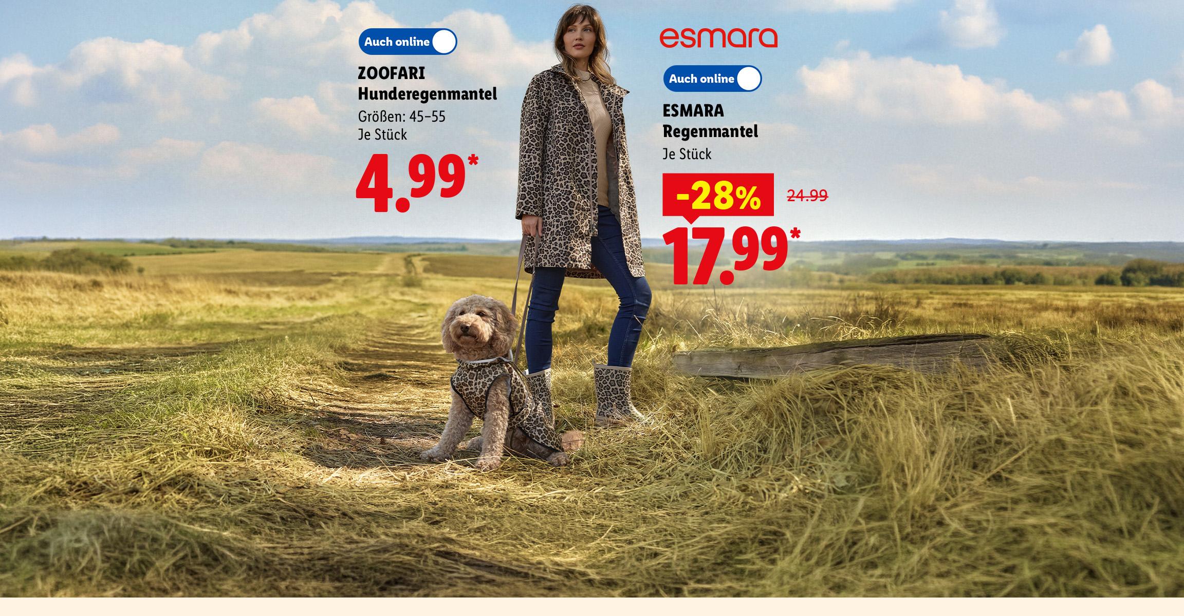 AI-generiert: ESMARA Regenmantel, je Stück -28% Rabatt, für 17.99 €. ZOOFARI Hunderegenmantel, Größen: 45–55, je Stück, für 4.99 €. In der Filiale und online erhältlich. AI-generated.