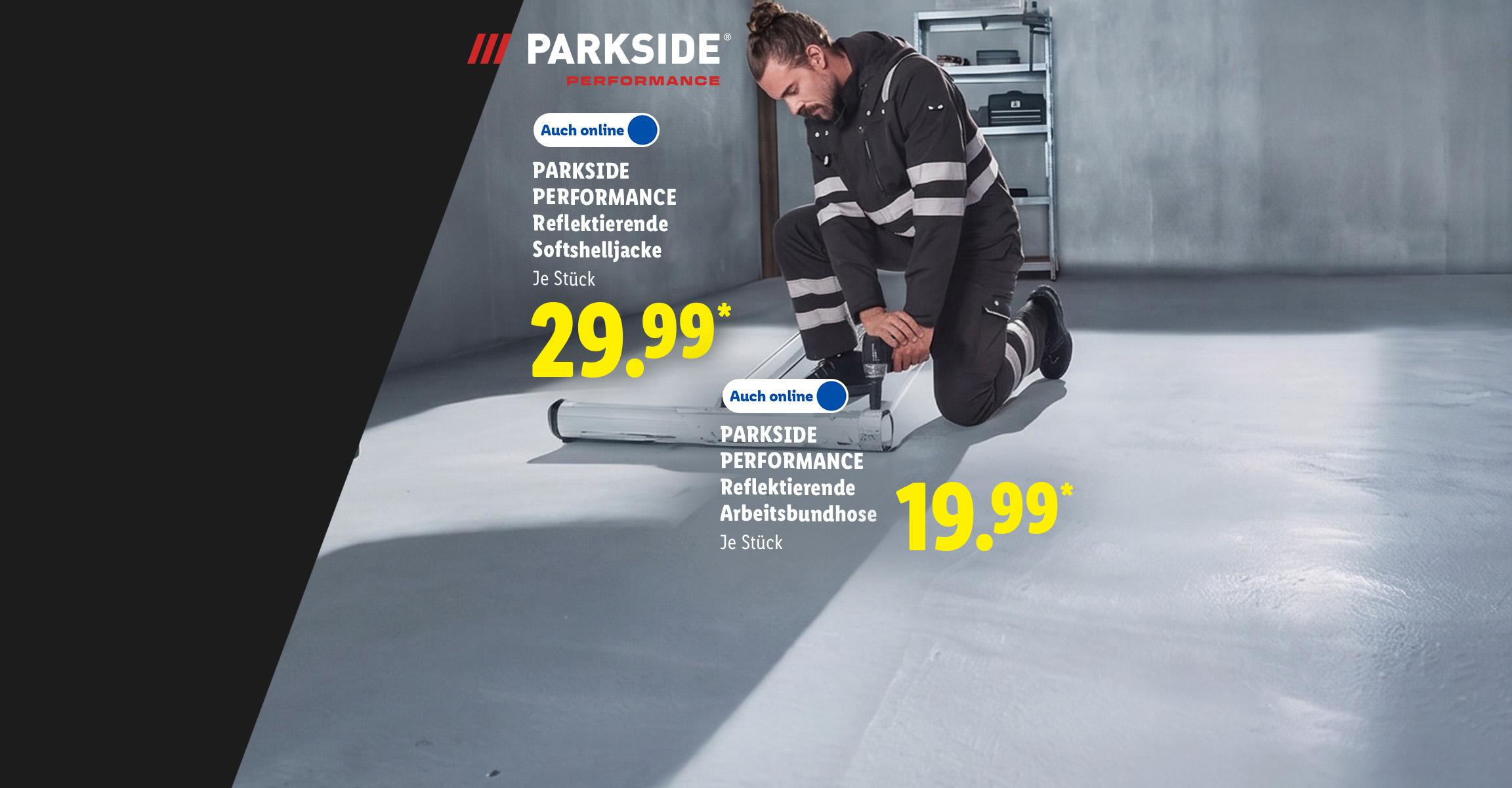 AI-generiert: PARKSIDE PERFORMANCE Reflektierende Softshelljacke, Je Stück, für 29.99 €. PARKSIDE PERFORMANCE Reflektierende Arbeitsbundhose, Je Stück, Auch online für 19.99 €. AI-generated.