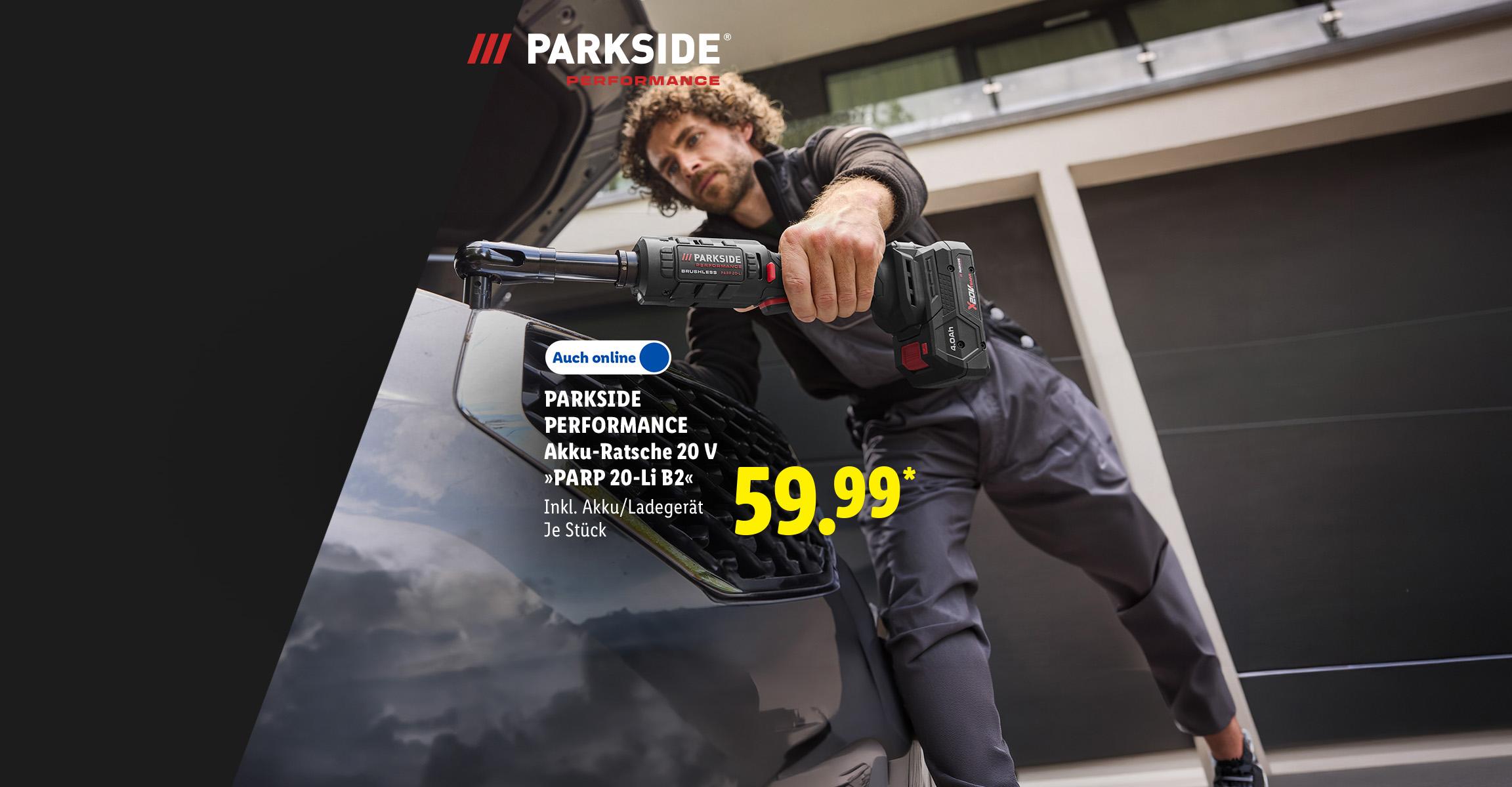 AI-generiert: 30 Jahre Parkside: PARKSIDE PERFORMANCE Akku-Ratsche 20 V »PARP 20-Li B2«, Inkl. Akku/Ladegerät, je Stück, in der Filiale und online erhältlich für 59.99 €*. AI-generated.