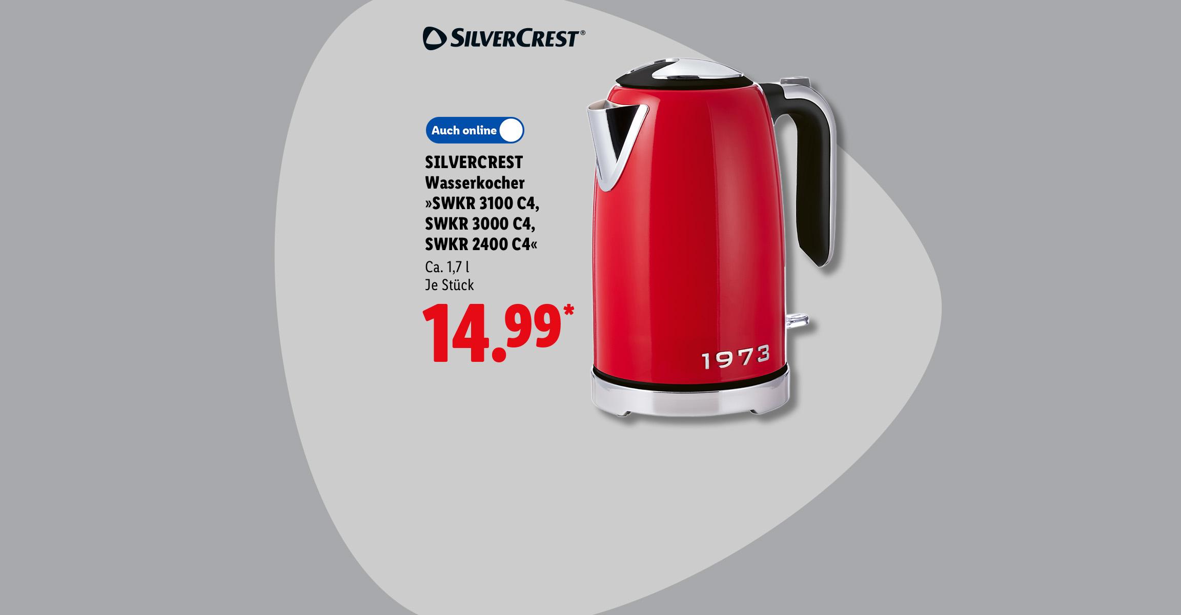 SILVERCREST Wasserkocher »SWKR 3100 C4, SWKR 3000 C4, SWKR 2400 C4«, Ca. 1,7 l, je Stück, in der Filiale und online erhältlich für 14.99 €*.