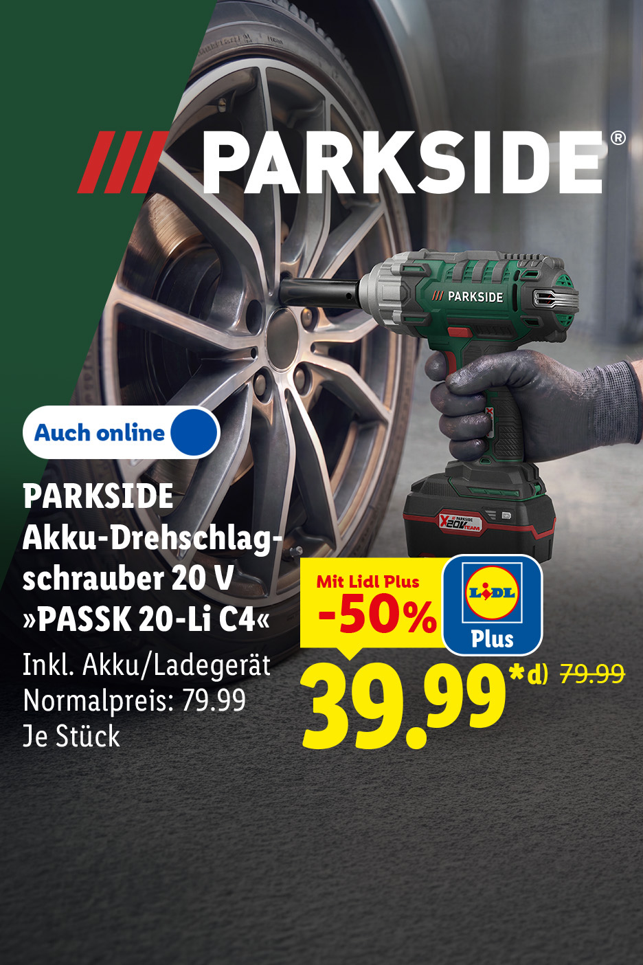 AI-generiert: PARKSIDE Akku-Drehschlagschrauber 20 V »PASSK 20-Li C4«, inkl. Akku/Ladegerät, je Stück mit Lidl Plus 50% günstiger, auch online für 39.99 €*d). 30 Jahre PARKSIDE – Volle Power feiern! AI-generiert.