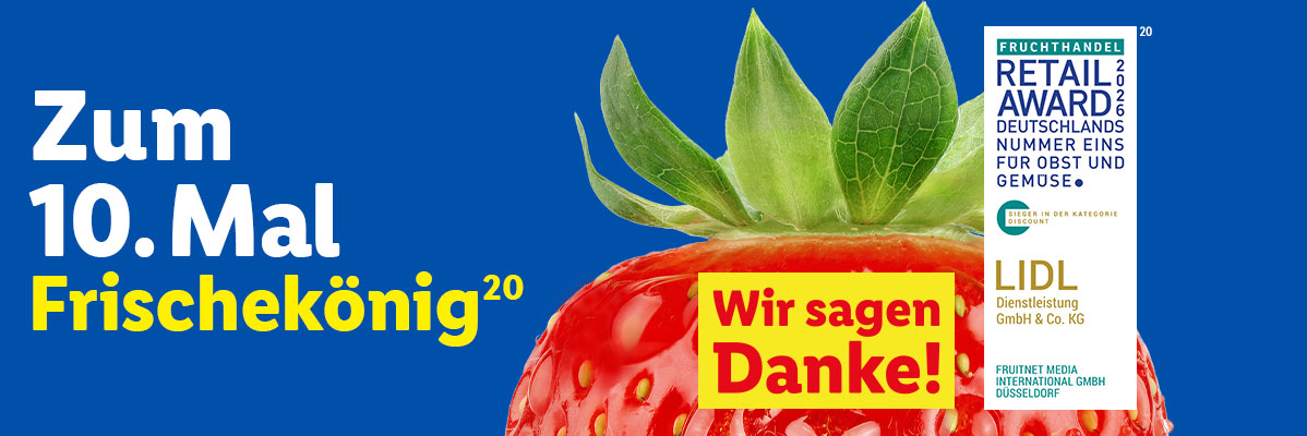 AI-generiert: Zum 10. Mal Frischekönig (20). Wir sagen Danke! Fruchthandel Retail Award 2026: Deutschlands Nummer Eins für Obst und Gemüse: Lidl (20). Sieger in der Kategorie Discount.