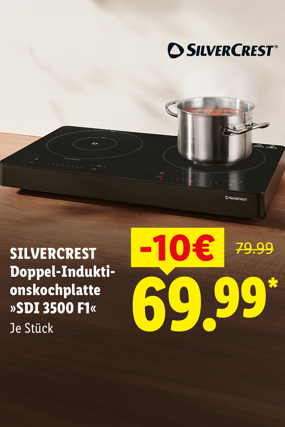 AI-generiert: SILVERCREST Doppel-Induktionskochplatte »SDI 3500 F1«, je Stück 10€ günstiger, Auch online für 69.99 €*. AI-generiert.