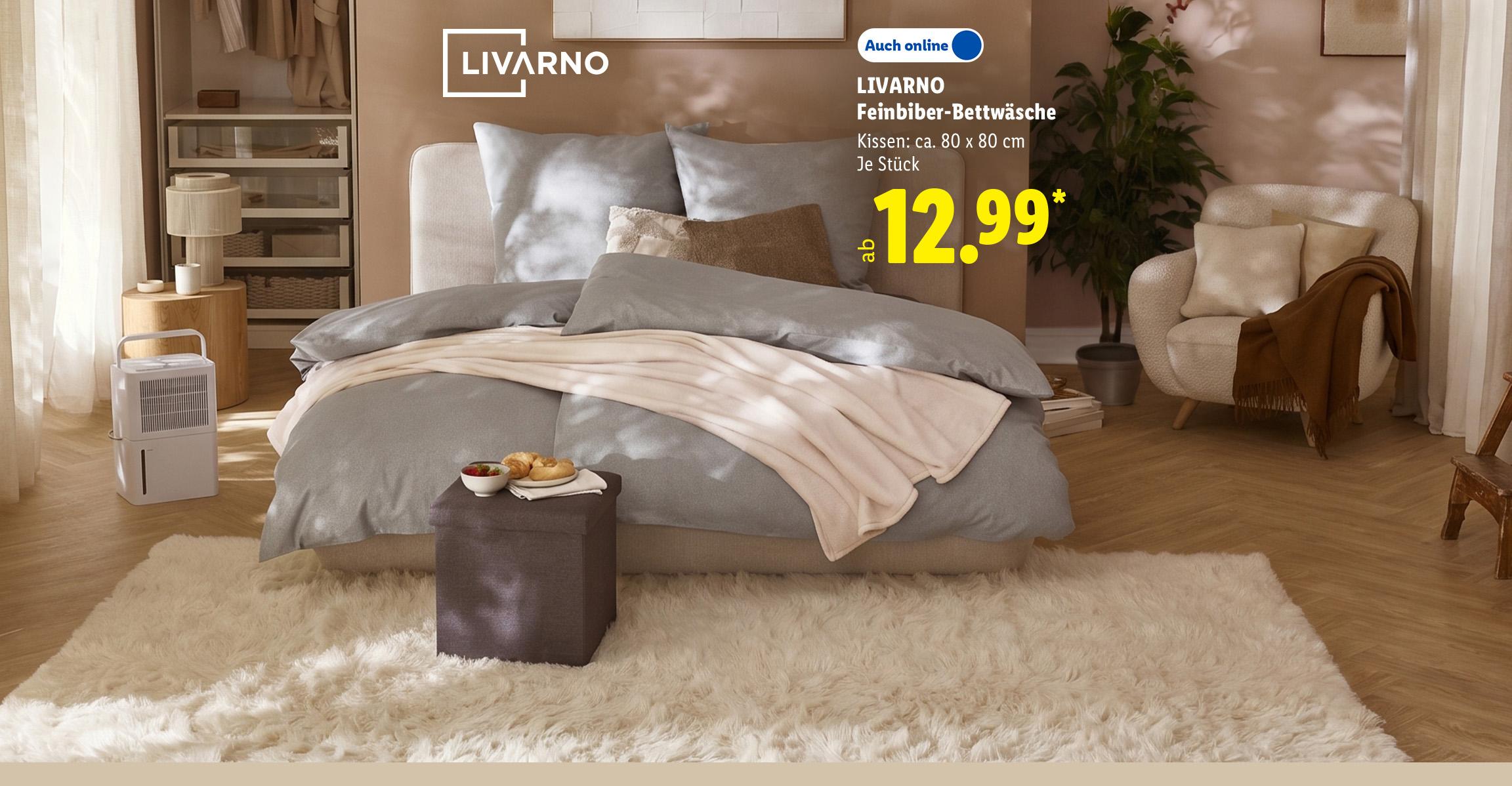 AI-generiert: LIVARNO Feinbiber-Bettwäsche, Kissen: ca. 80 x 80 cm, je Stück, Auch online ab 12.99 €*. AI-generated.