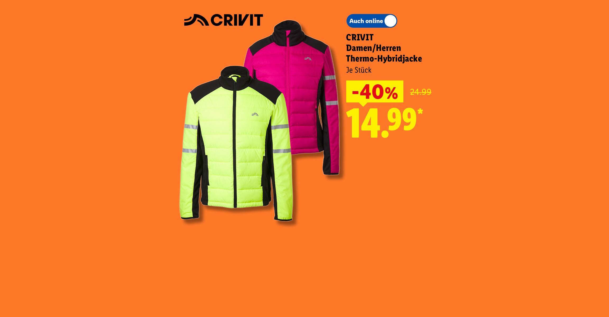 AI-generiert: CRIVIT Damen/Herren Thermo-Hybridjacke, Je Stück -40% günstiger, Auch online für 14.99 €*. AI-generated.